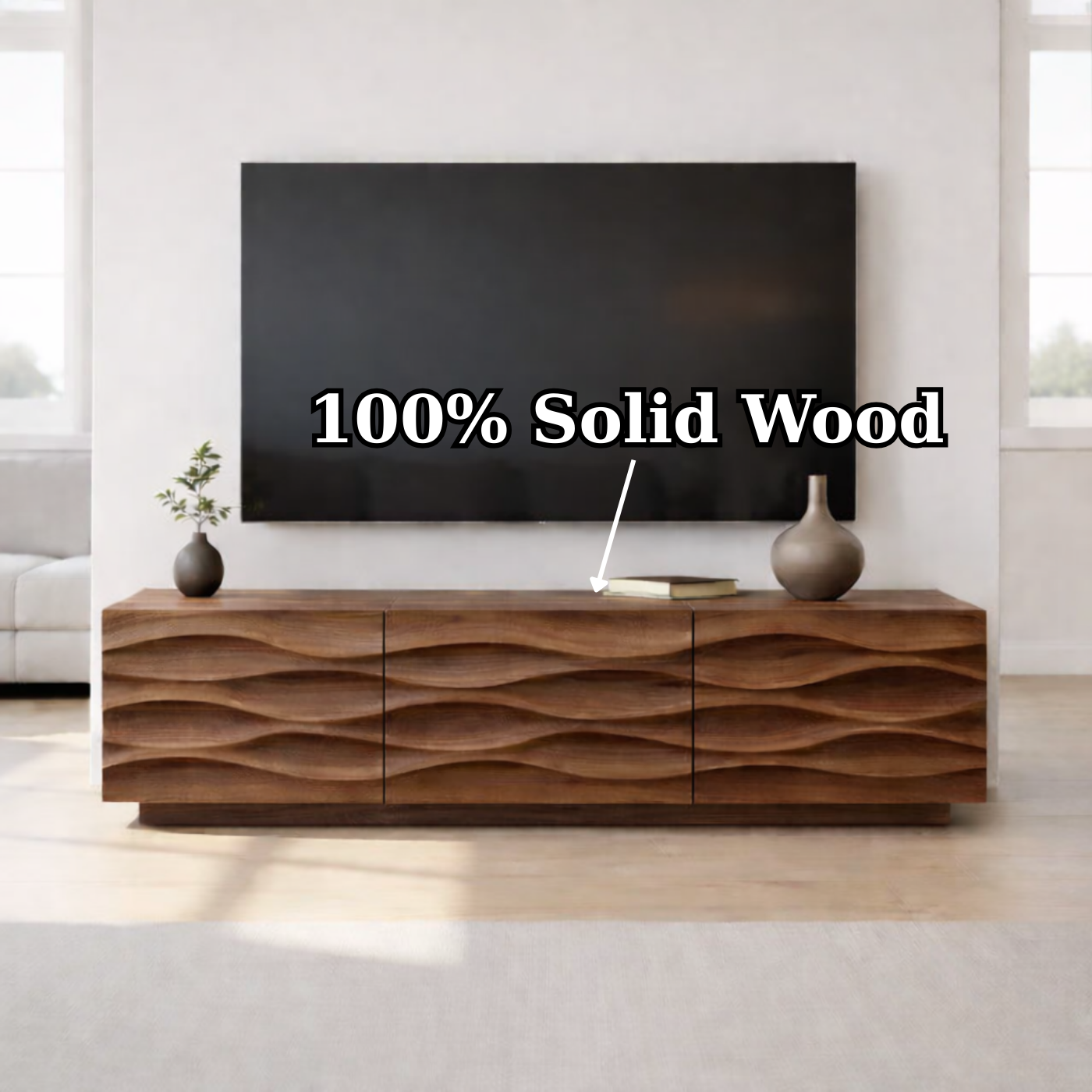Modern Solid Wood TV Stand with Wave Front Design, Walnut Finish Media Console Cabinet