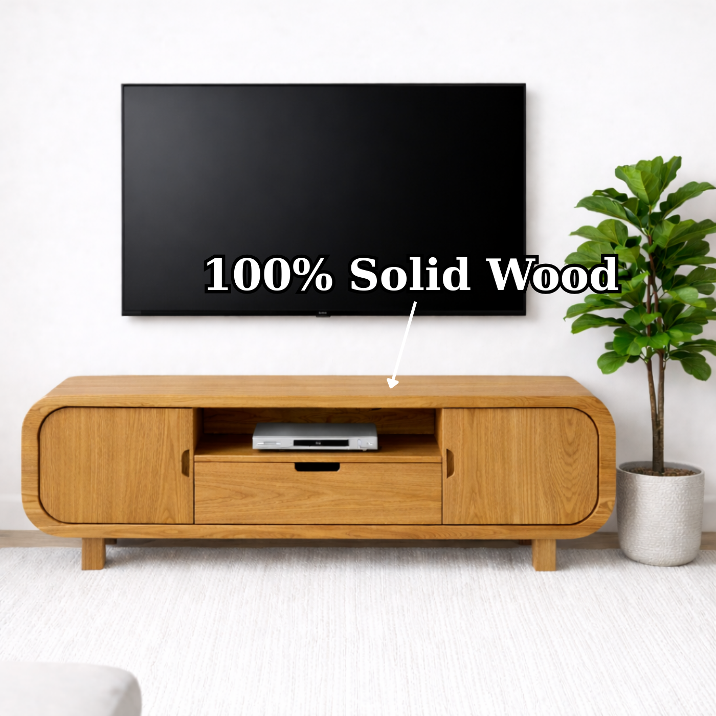 Modern Solid Oak TV Stand with Cabinet Doors and Drawer, Wooden Media Console for Living Room