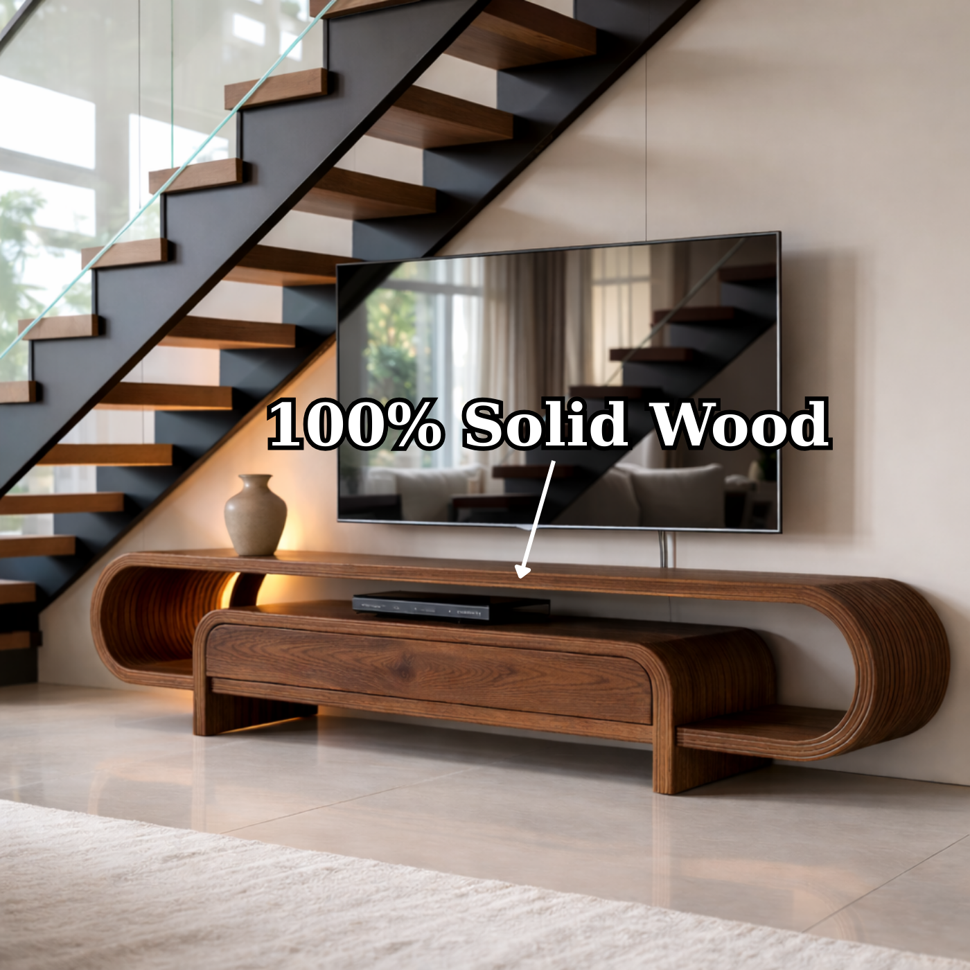 Curved Solid Wood TV Stand with Drawer and Shelf, Modern Walnut Media Console Table