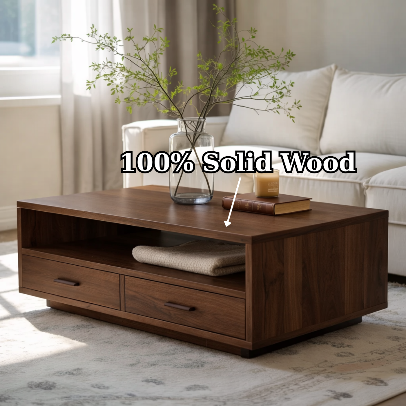 Solid Wood Coffee Table with Storage Drawers, Modern Design for Living Room