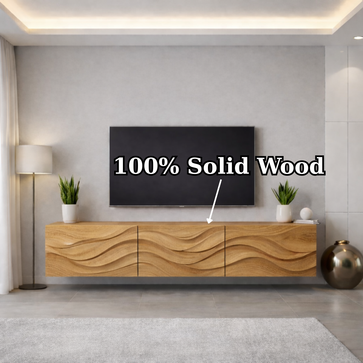 Wave Carved Solid Oak TV Stand with Modern Design, Stylish Media Console for Living Room