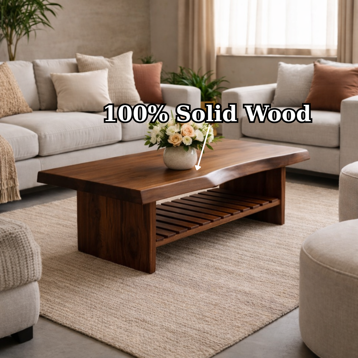 Live Edge Walnut Coffee Table with Slatted Shelf, Natural Modern Design for Living Room
