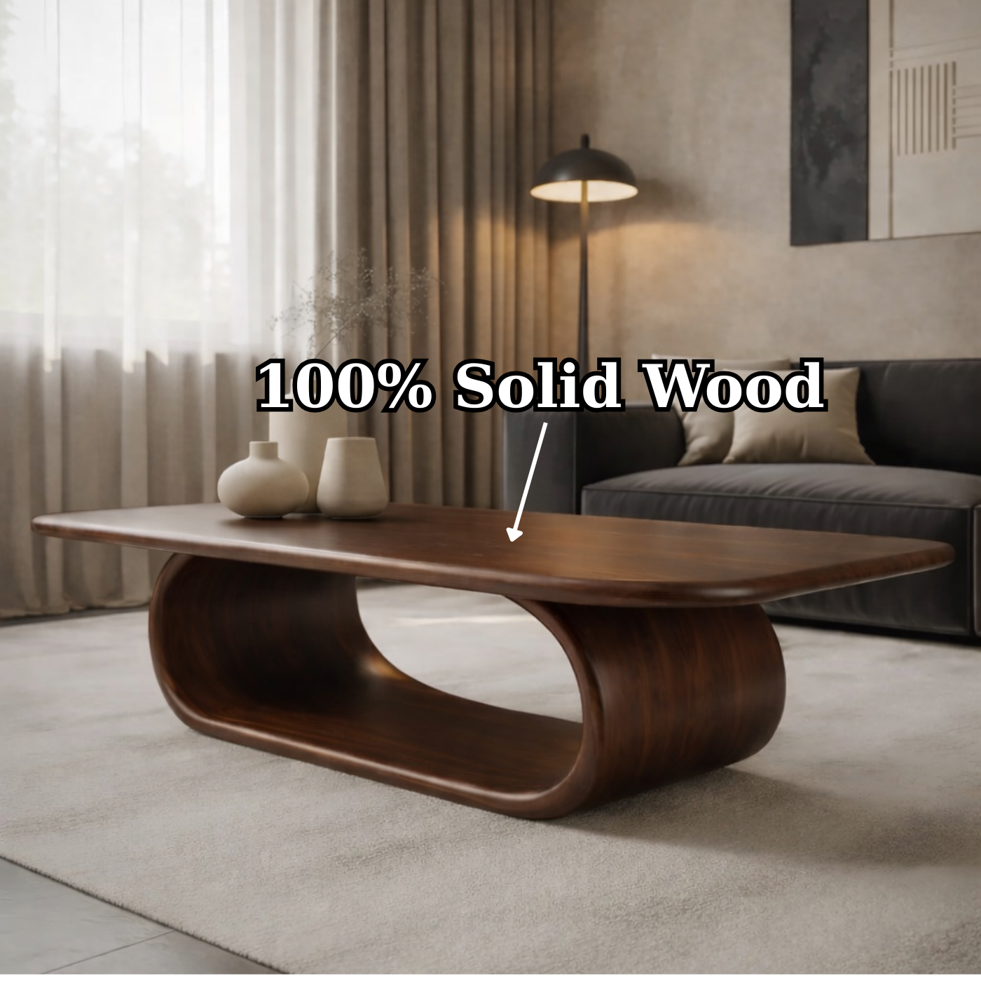Sculptural Walnut Coffee Table with Curved Design and Open Shelf, Modern Living Room Décor