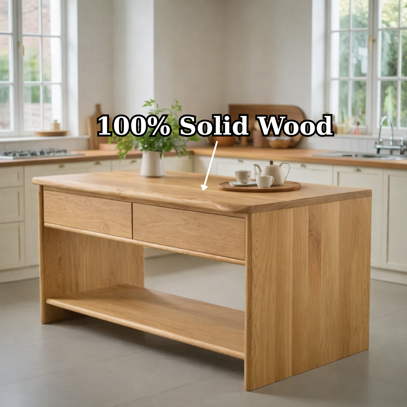 Modern Solid Wood Kitchen Island with Drawer and Open Shelf Storage Prep Table