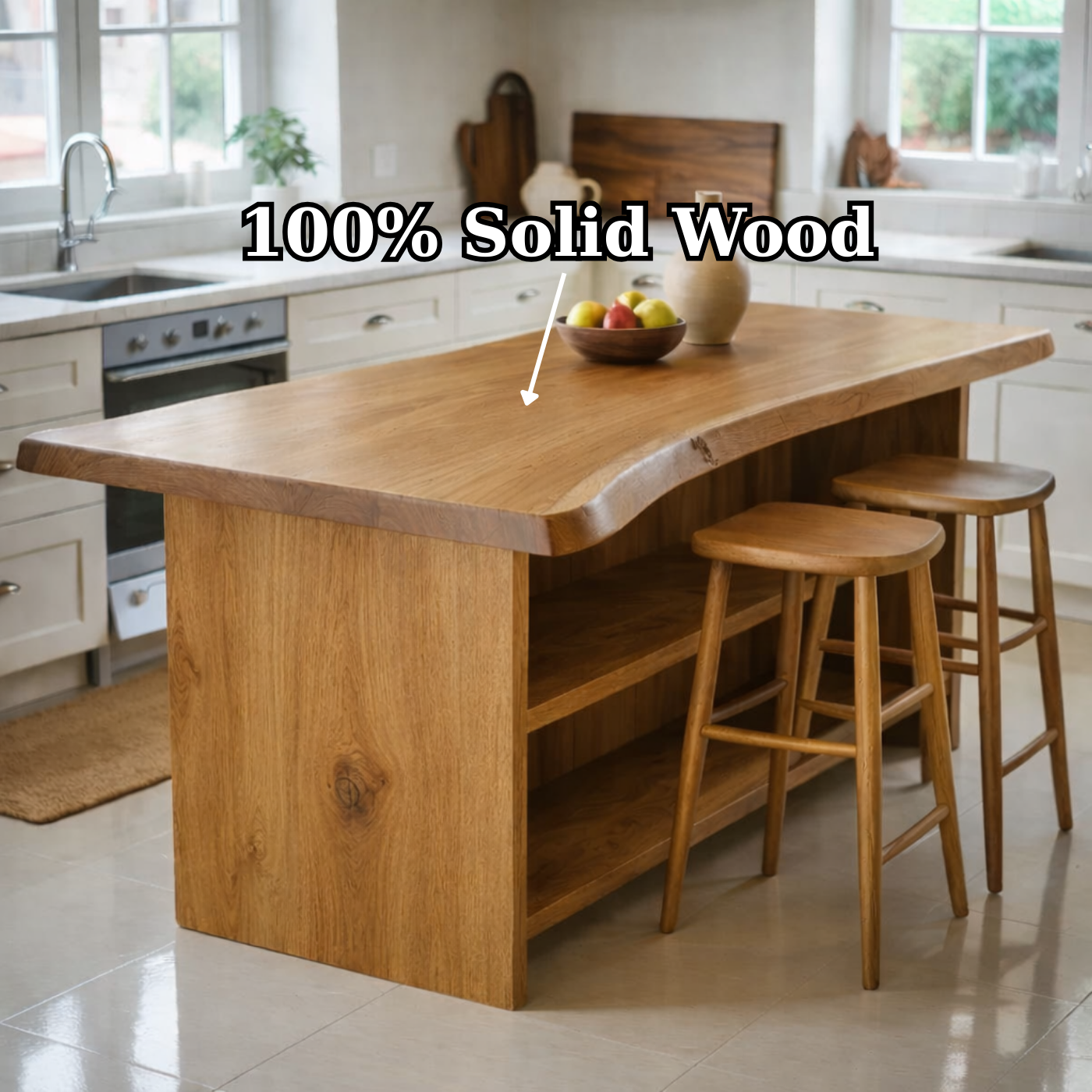 Live Edge Solid Wood Kitchen Island with Open Shelf Storage and Seating Bar Table