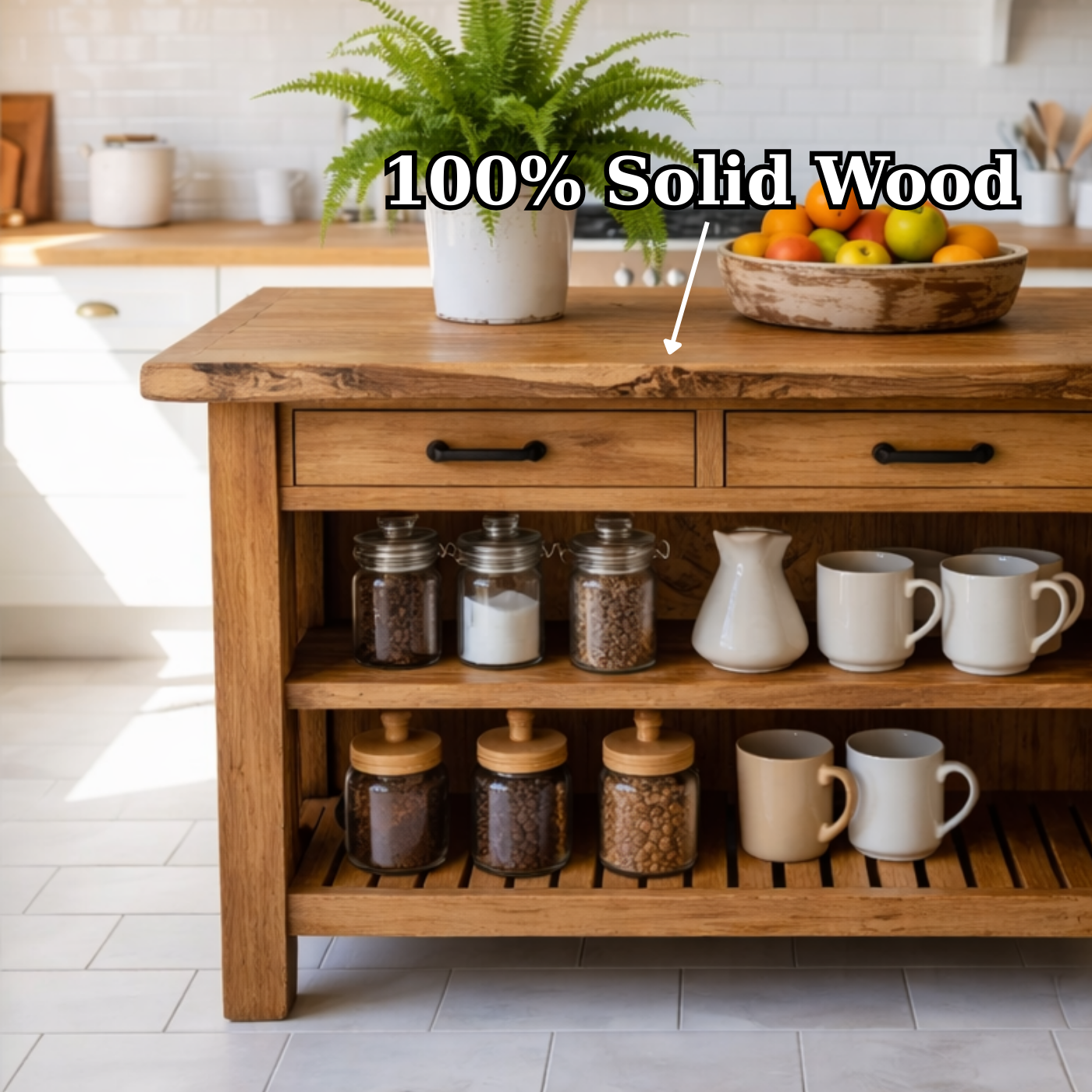 Solid Wood Kitchen Island with Drawers and Open Shelf Storage Wooden Prep Table