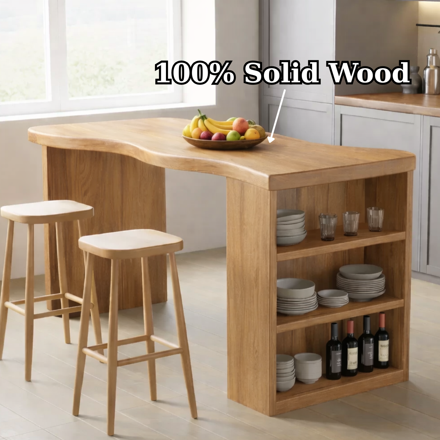 Solid Wood Kitchen Island with Curved Edge Top and Open Shelf Storage Breakfast Bar