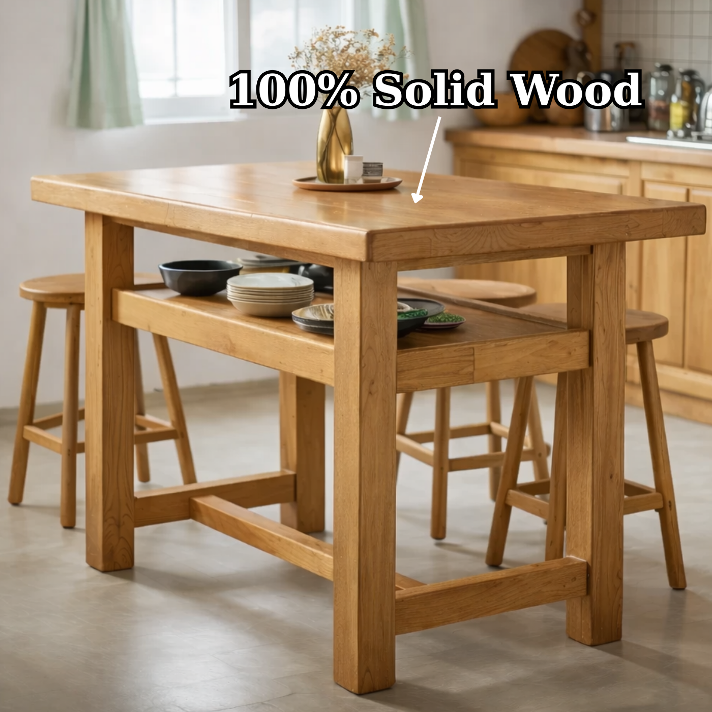 Solid Wood Kitchen Island Table with Open Shelf Storage and Spacious Prep Surface