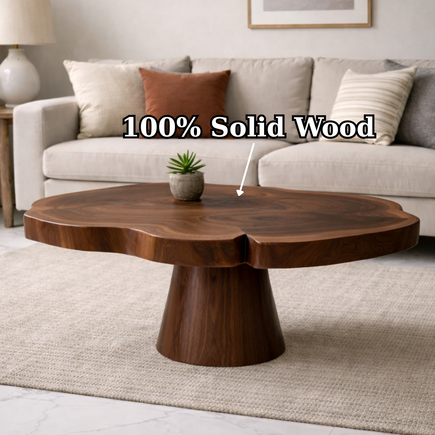 Solid Wood Coffee Table with Organic Edge Top Modern Sculptural Living Room Table