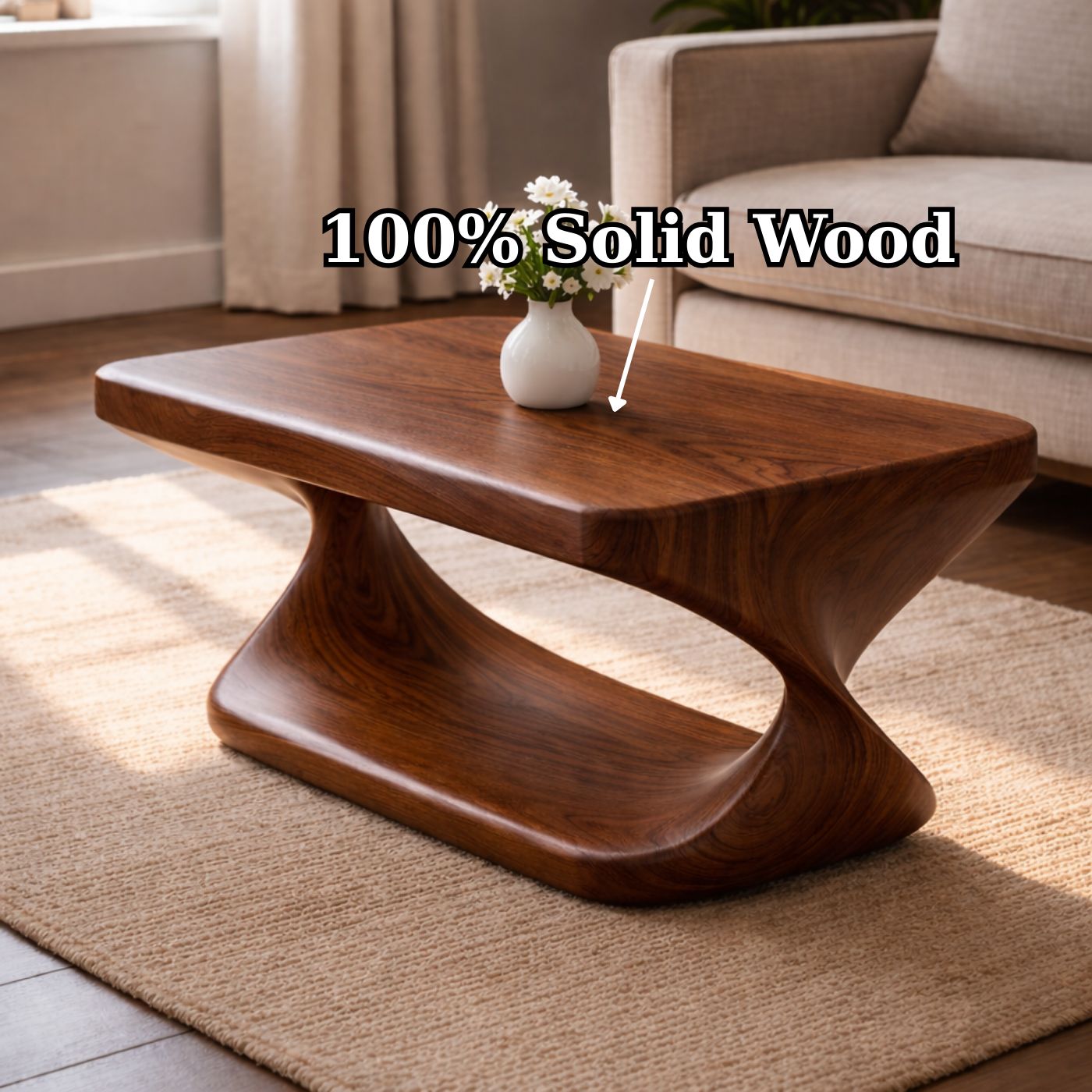 Modern Solid Wood Coffee Table with Sculptural Curved Base and Rectangular Wood Top