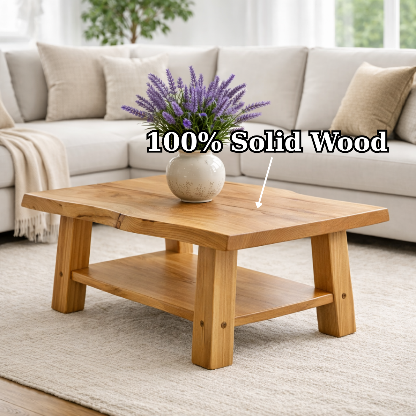 Solid Wood Coffee Table with Storage Shelf Rustic Wooden Living Room Table