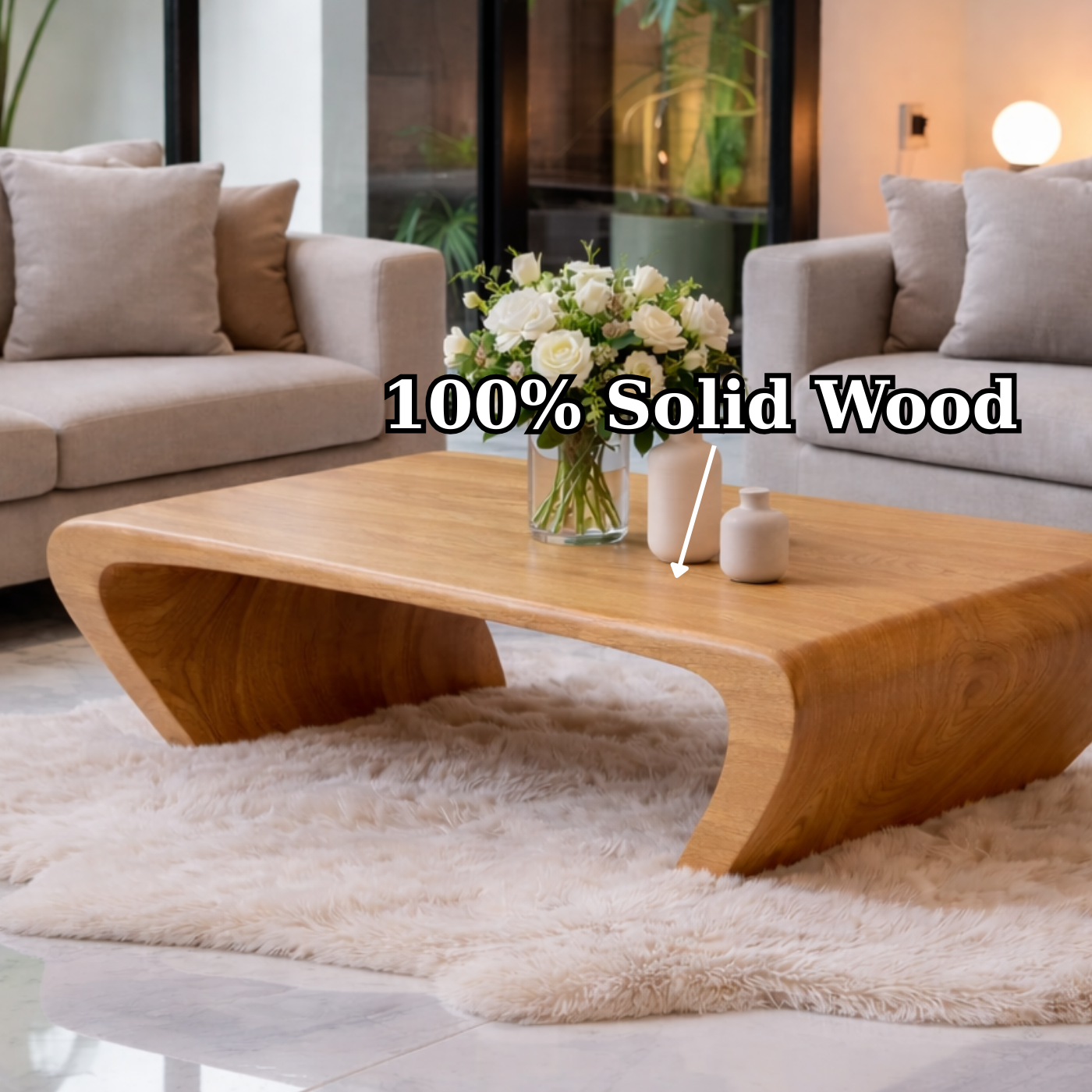 Modern Solid Wood Coffee Table with Sculptural Curved Base Minimalist Living Room Table