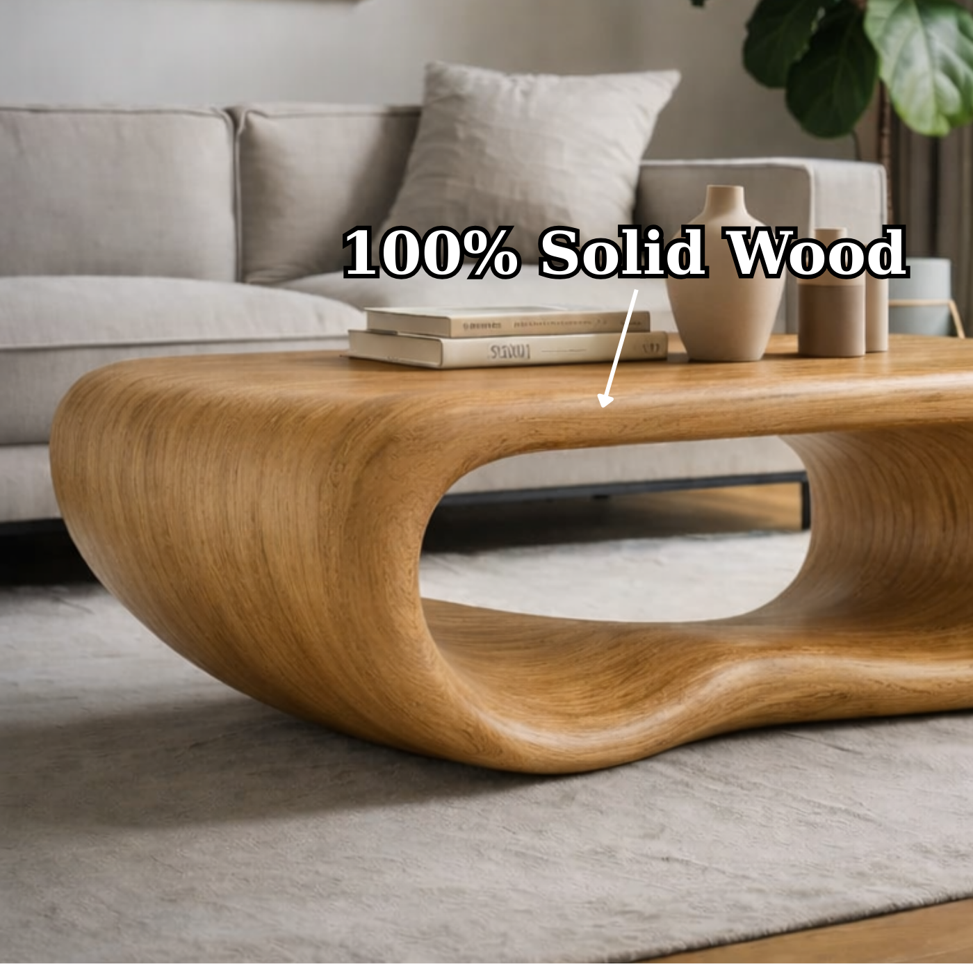 Modern Solid Wood Coffee Table with Sculptural Curved Design Minimalist Living Room Table