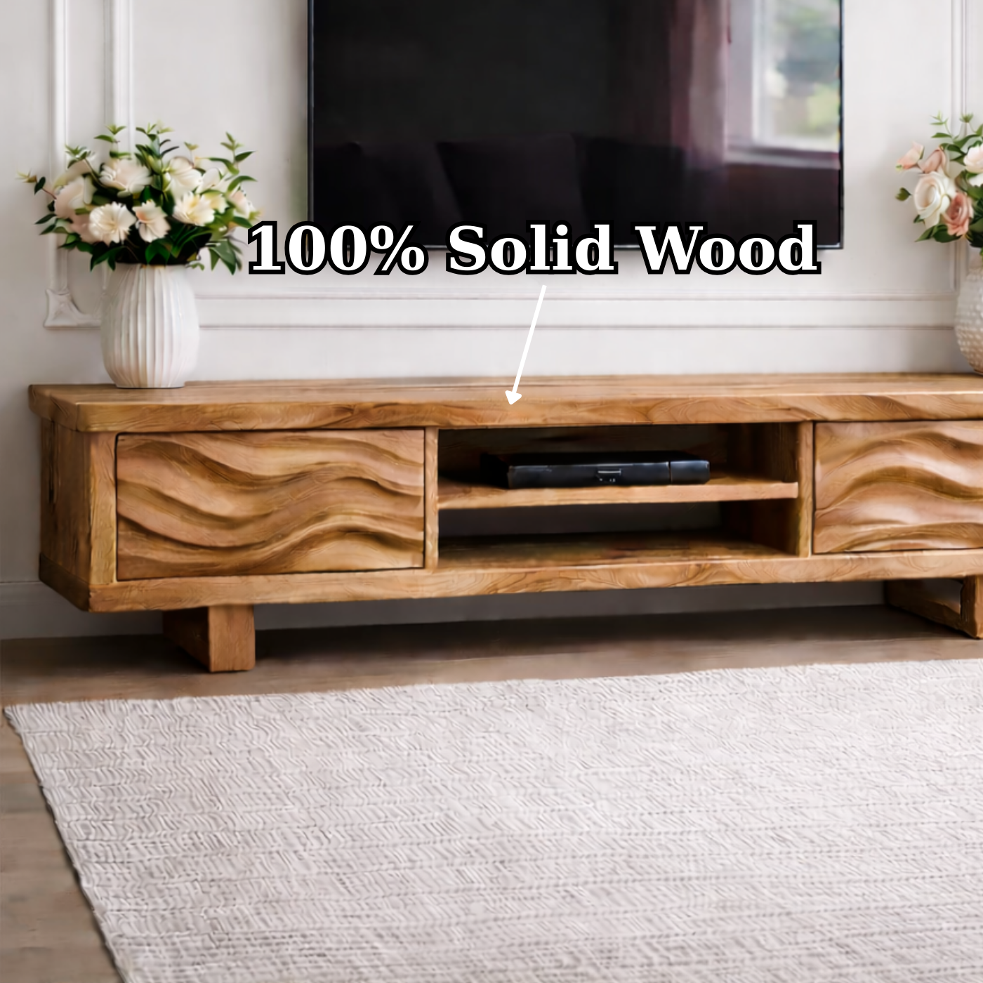 Solid Wood TV Stand with Wave Pattern Doors Modern Wooden Media Console for Living Room