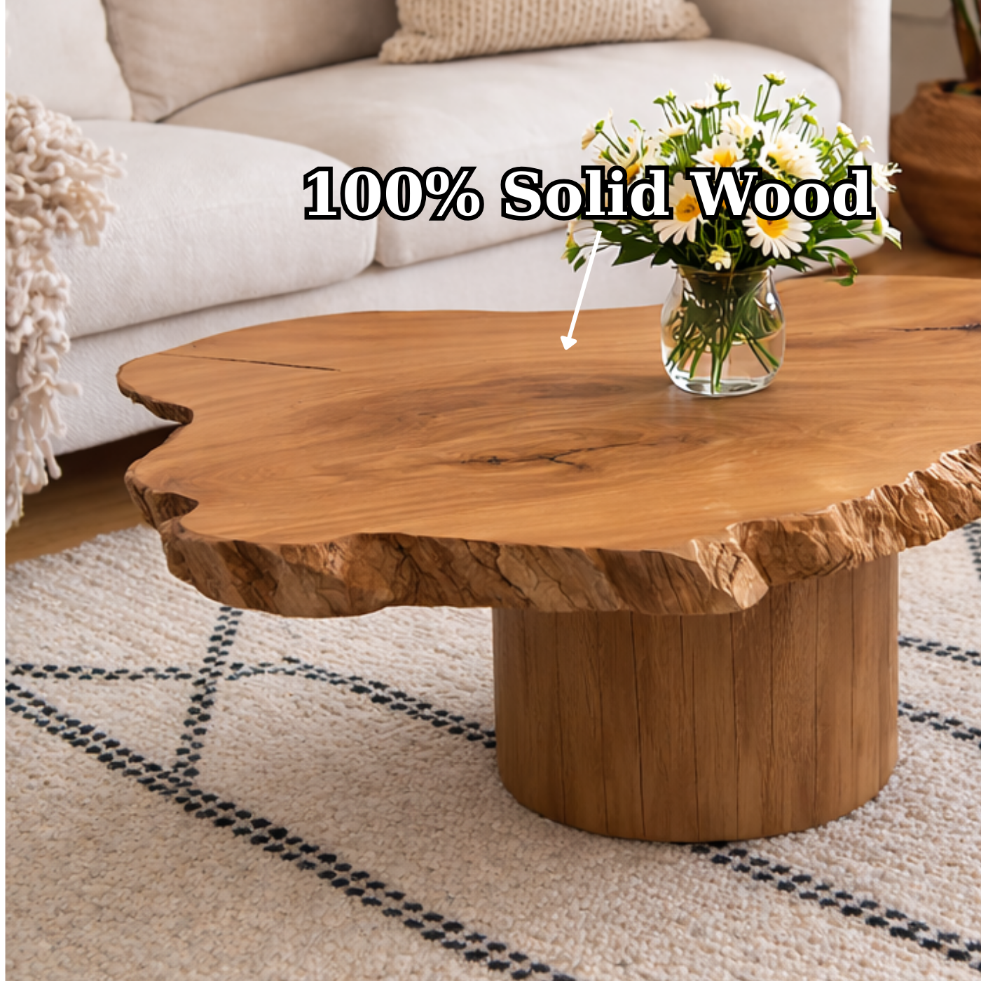 Live Edge Solid Wood Coffee Table for Living Room with Pedestal Base