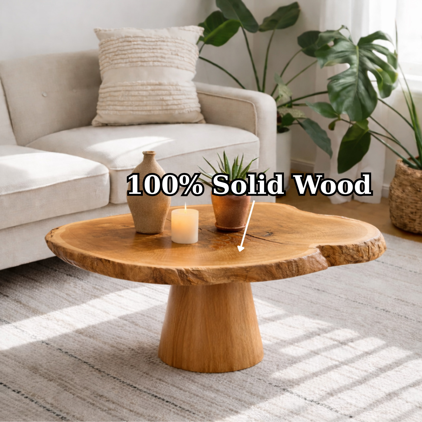 Live Edge Solid Wood Coffee Table for Living Room with Pedestal Base