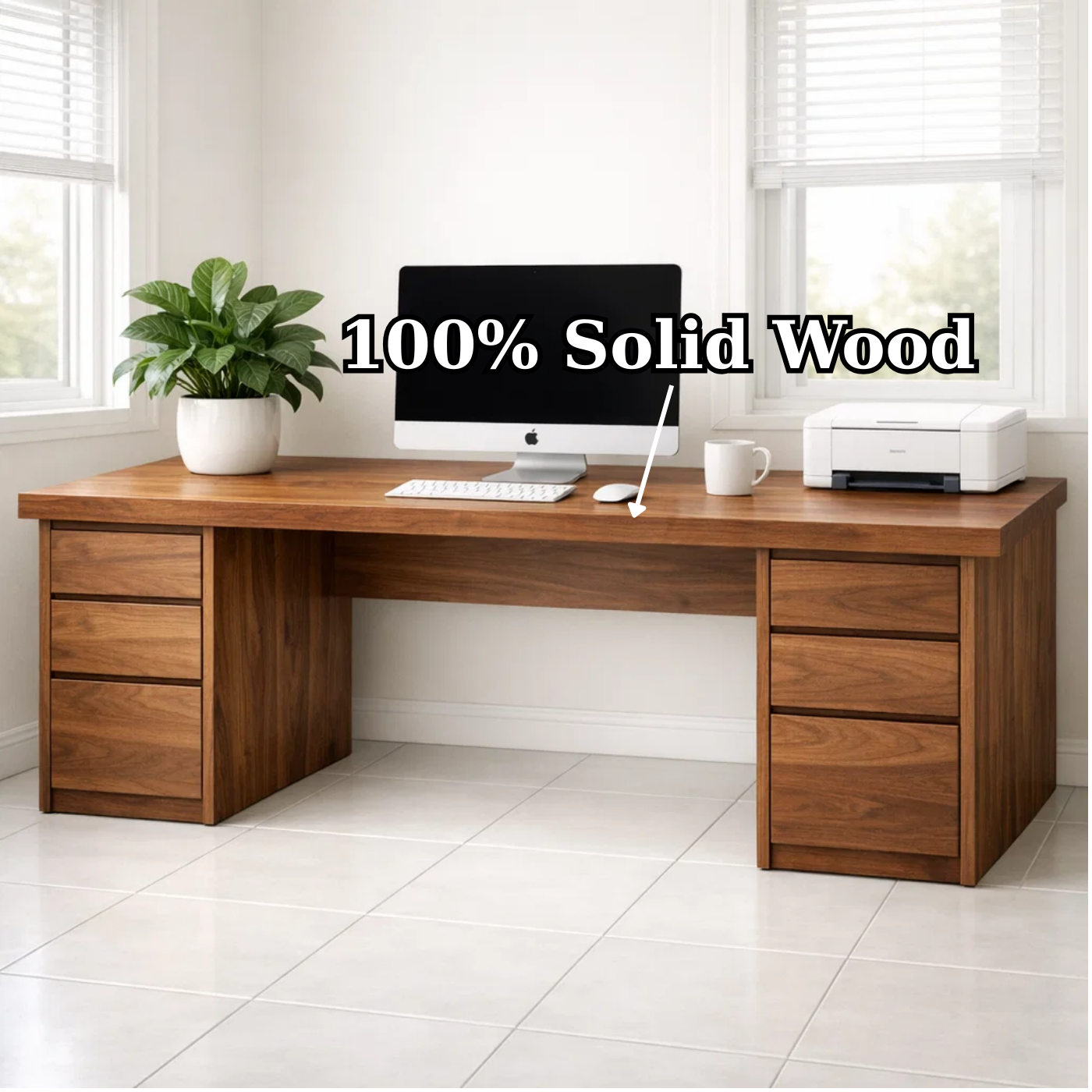 Large Solid Wood Executive Desk with Double Pedestal Storage Drawers