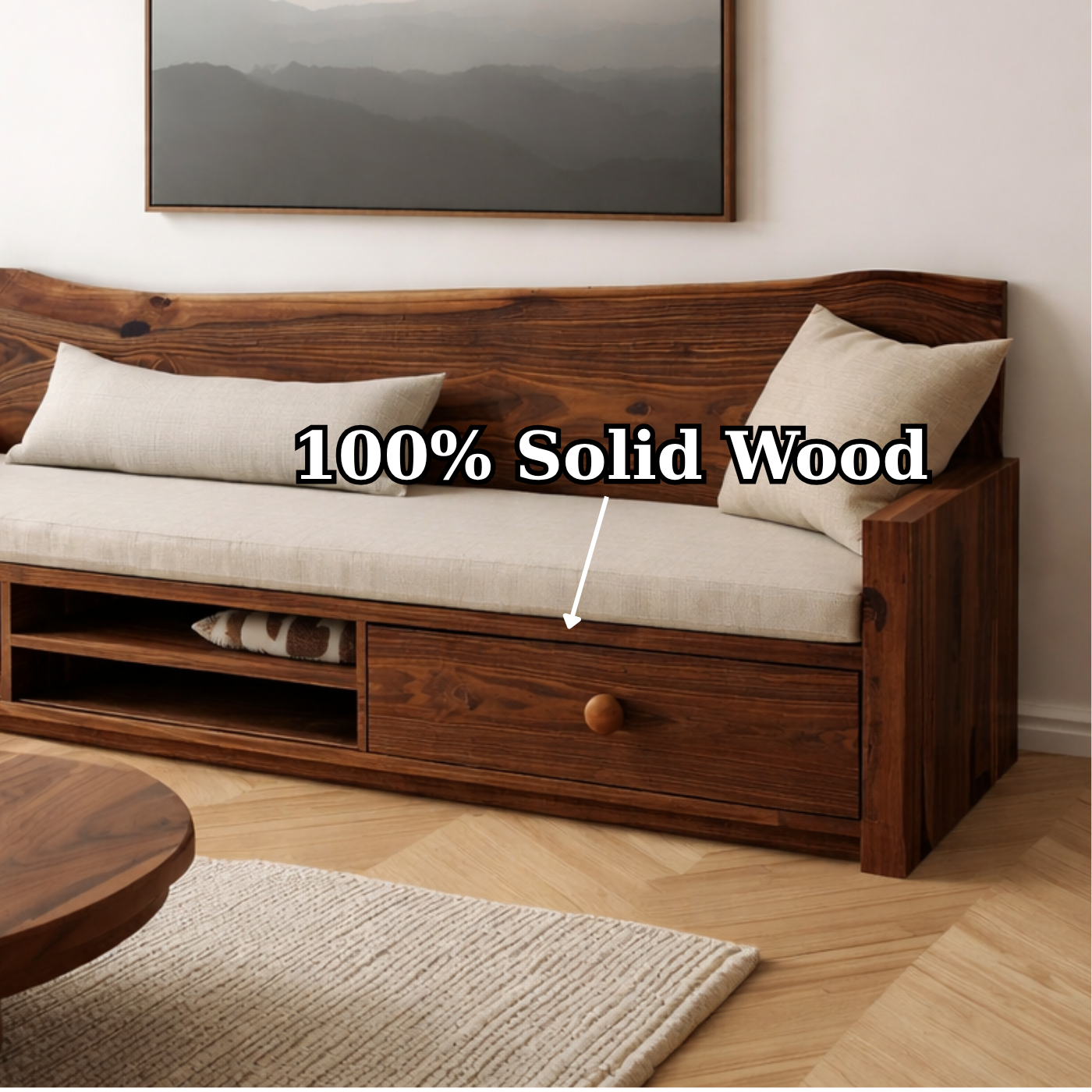Solid Wood Storage Sofa – Rustic Wooden Bench Sofa with Drawer Shelf