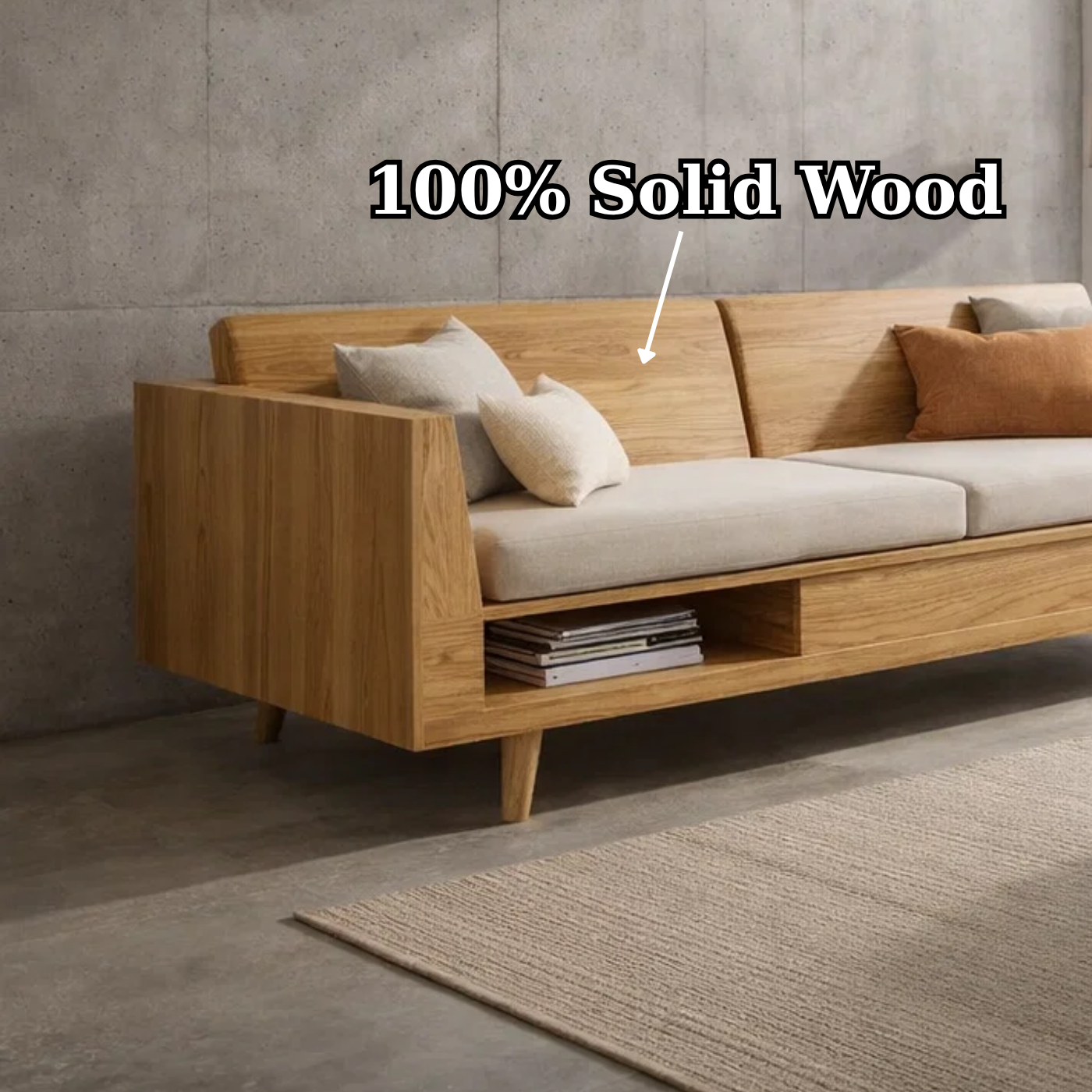 Solid Wood Storage Sofa – Modern Oak Wooden Sofa with Open Shelf