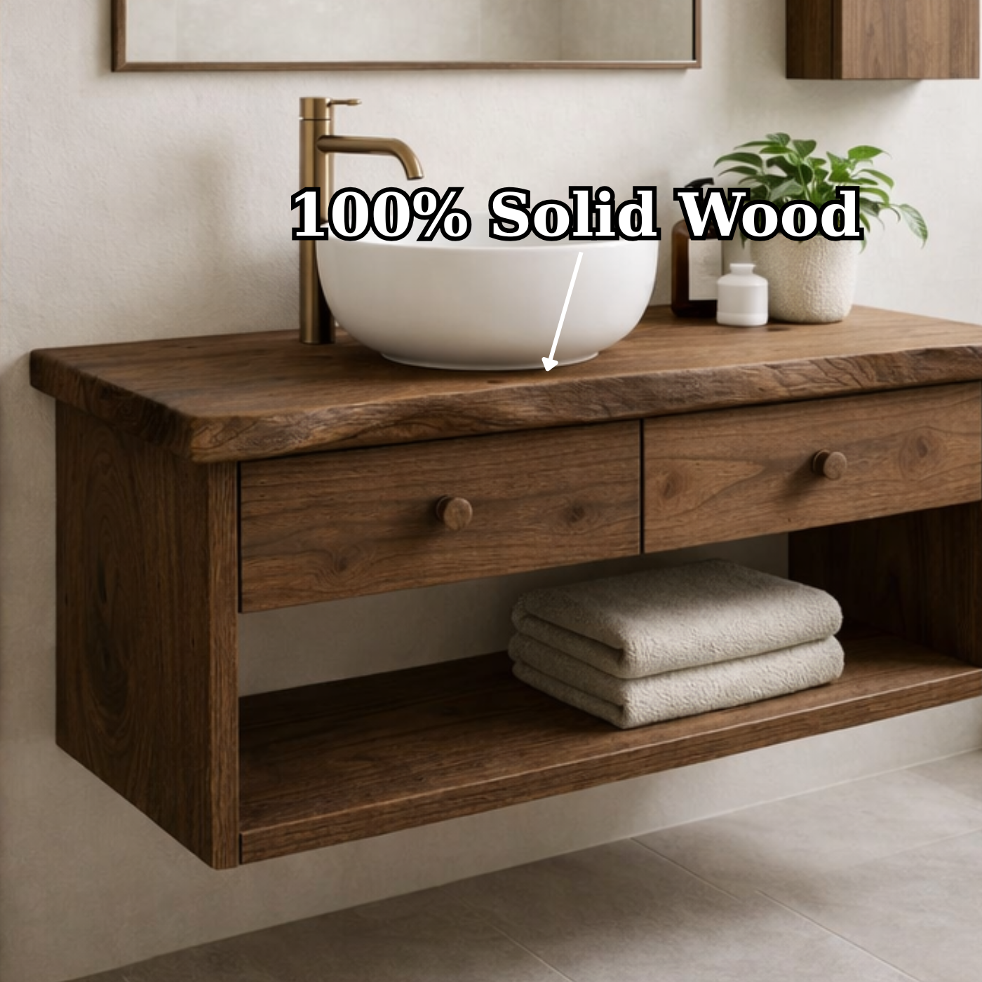 Floating Solid Wood Bathroom Vanity with Double Drawers – Wall Mounted Modern Design