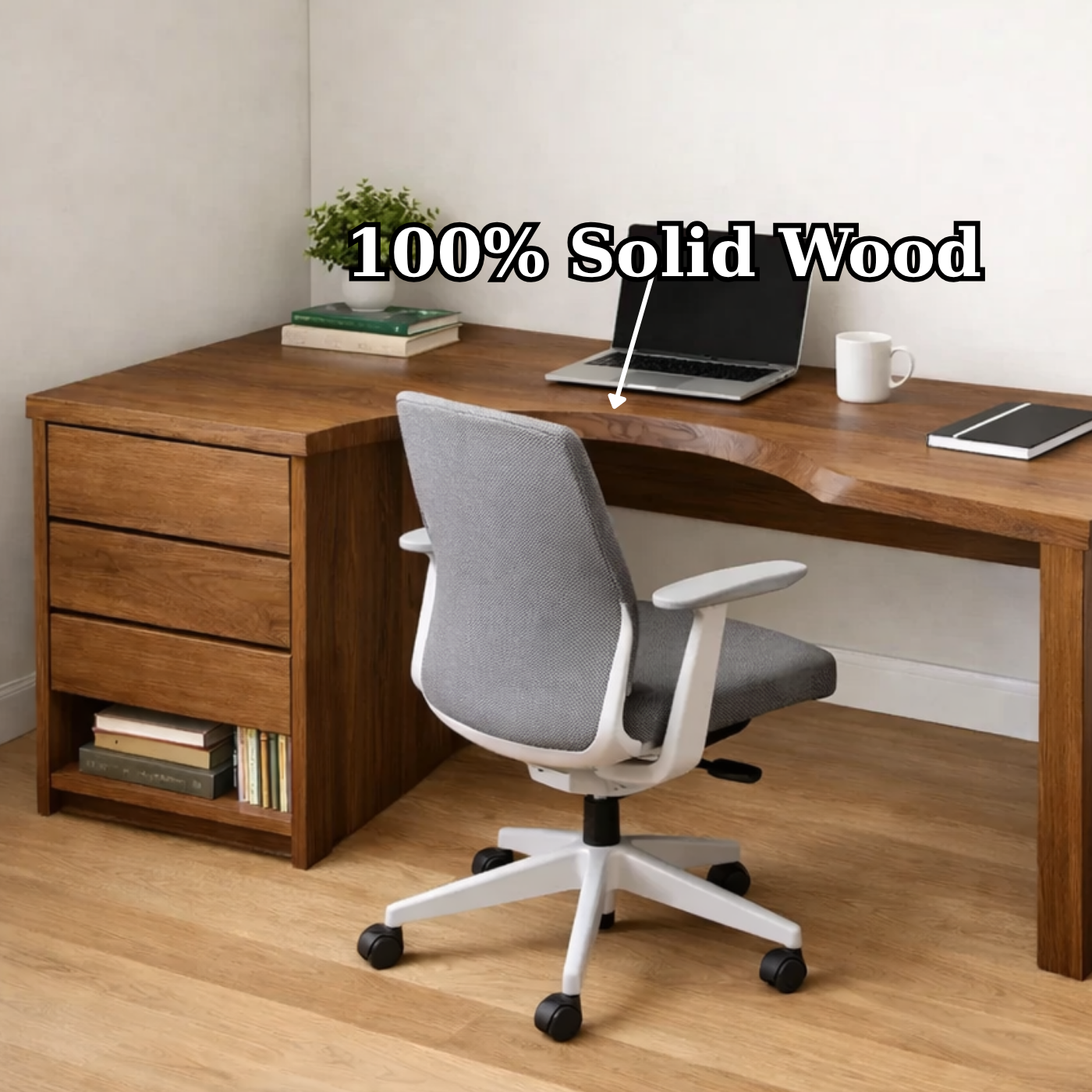 Solid Wood Study Desk with Storage Drawers and Curved Ergonomic Cutout