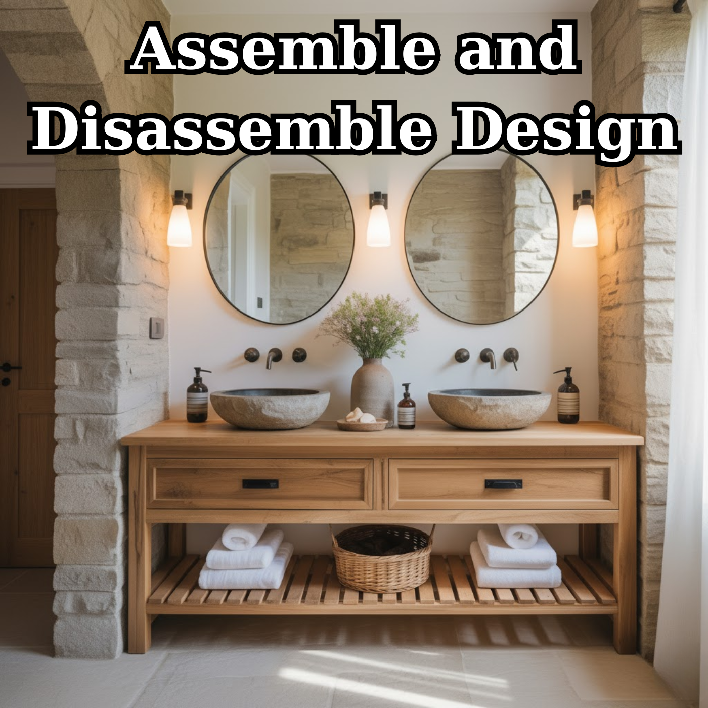 Rustic Solid Wood Double Bathroom Vanity with Open Slatted Shelf