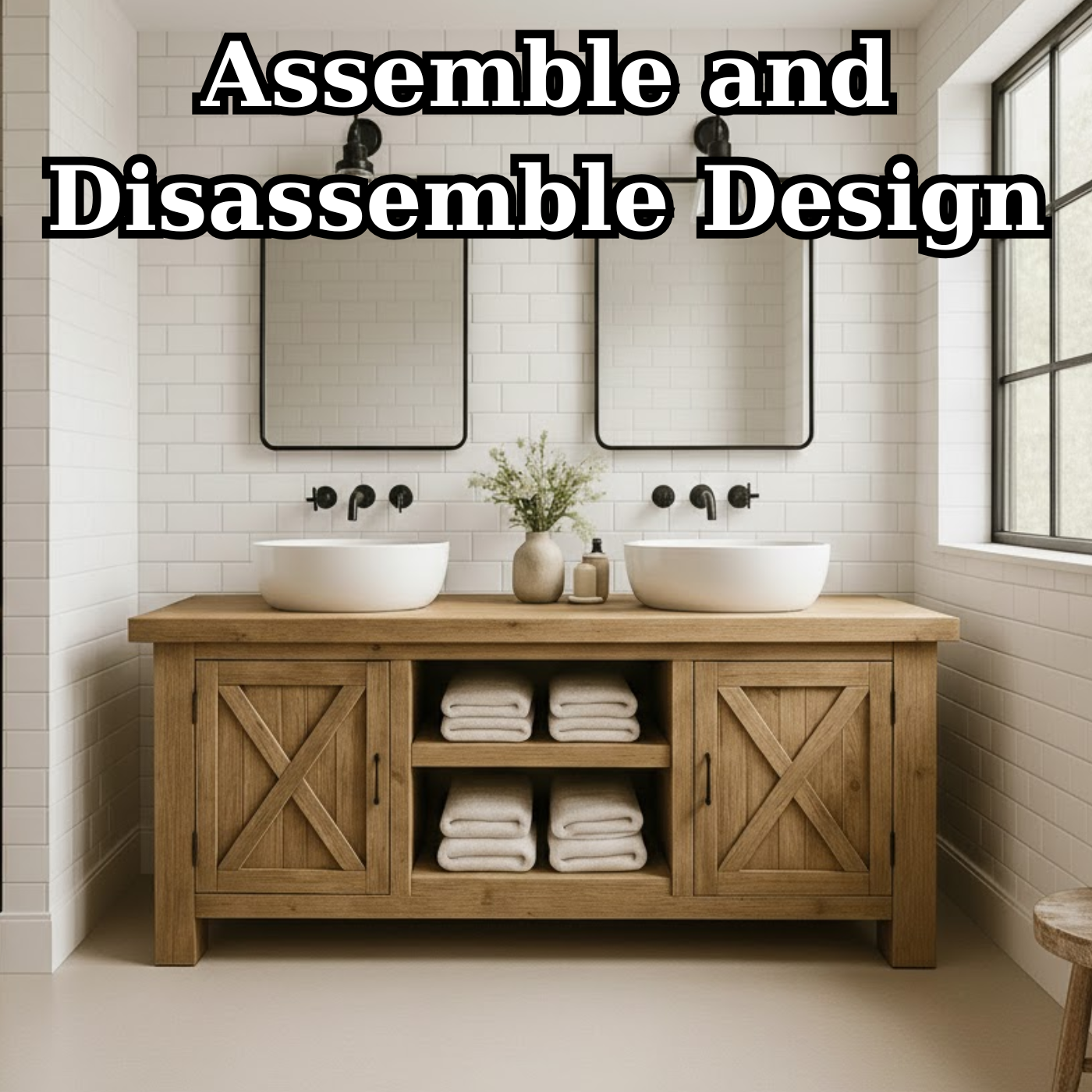 Solid Wood Double Bathroom Vanity Cabinet with Sliding Barn-Style Doors and Open Center Shelving