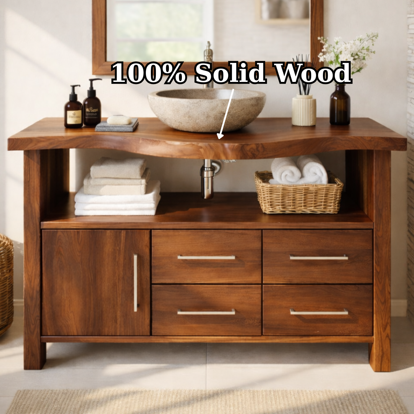 Live Edge Solid Wood Bathroom Vanity with Single Cabinet Door, Four Drawers and Open Shelf for Modern Farmhouse