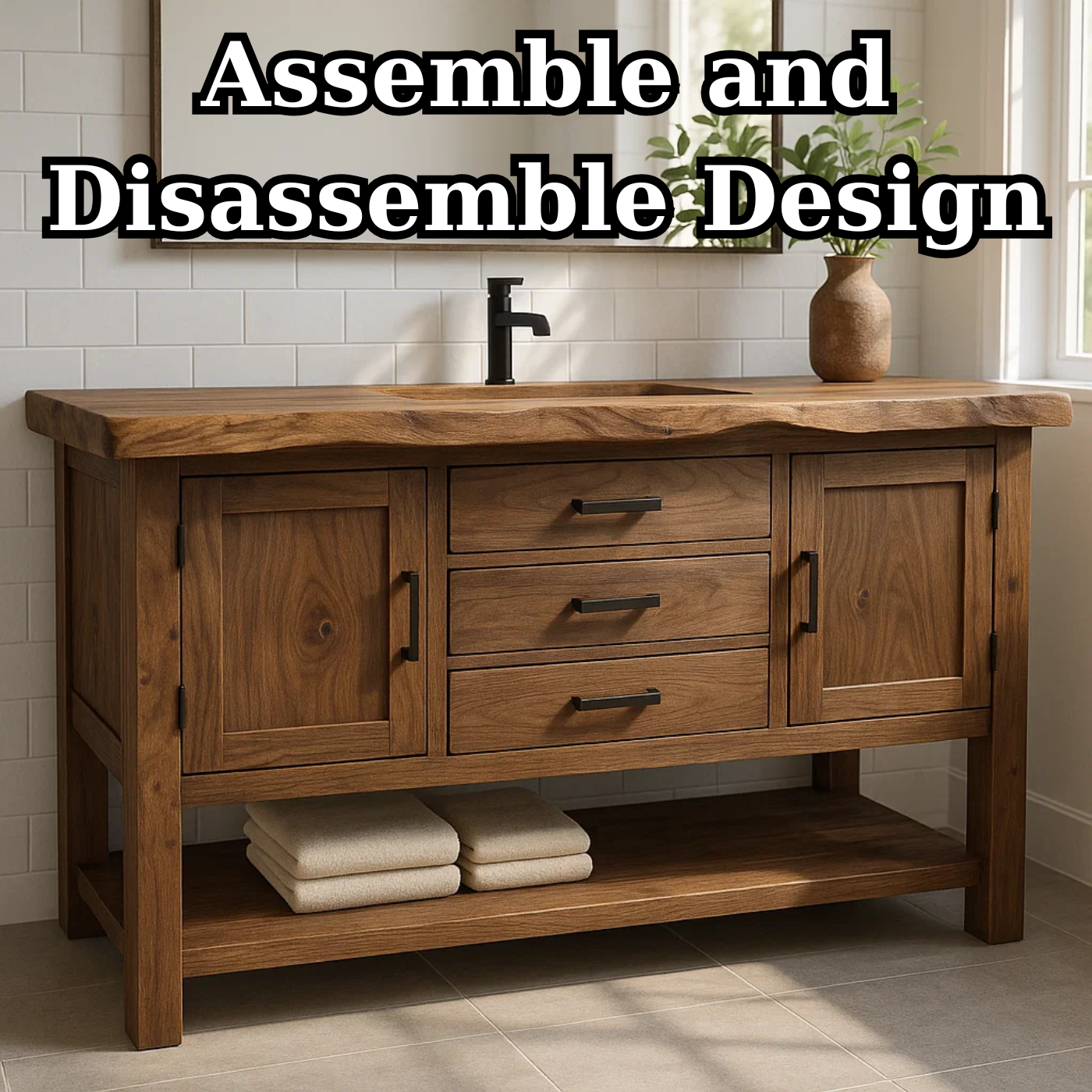 Solid Wood Bathroom Vanity with 3 Drawers, Double Door Cabinet, and Open Bottom Shelf