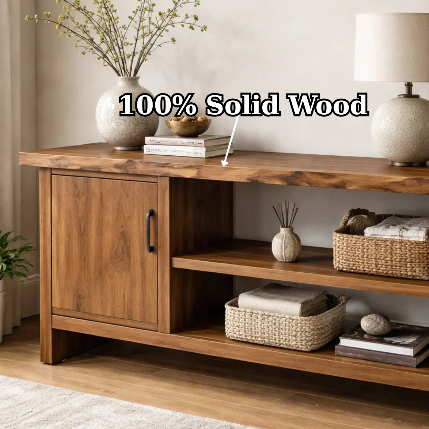 Solid Wood Console Table with Storage Shelf – Modern Entryway Cabinet with Door