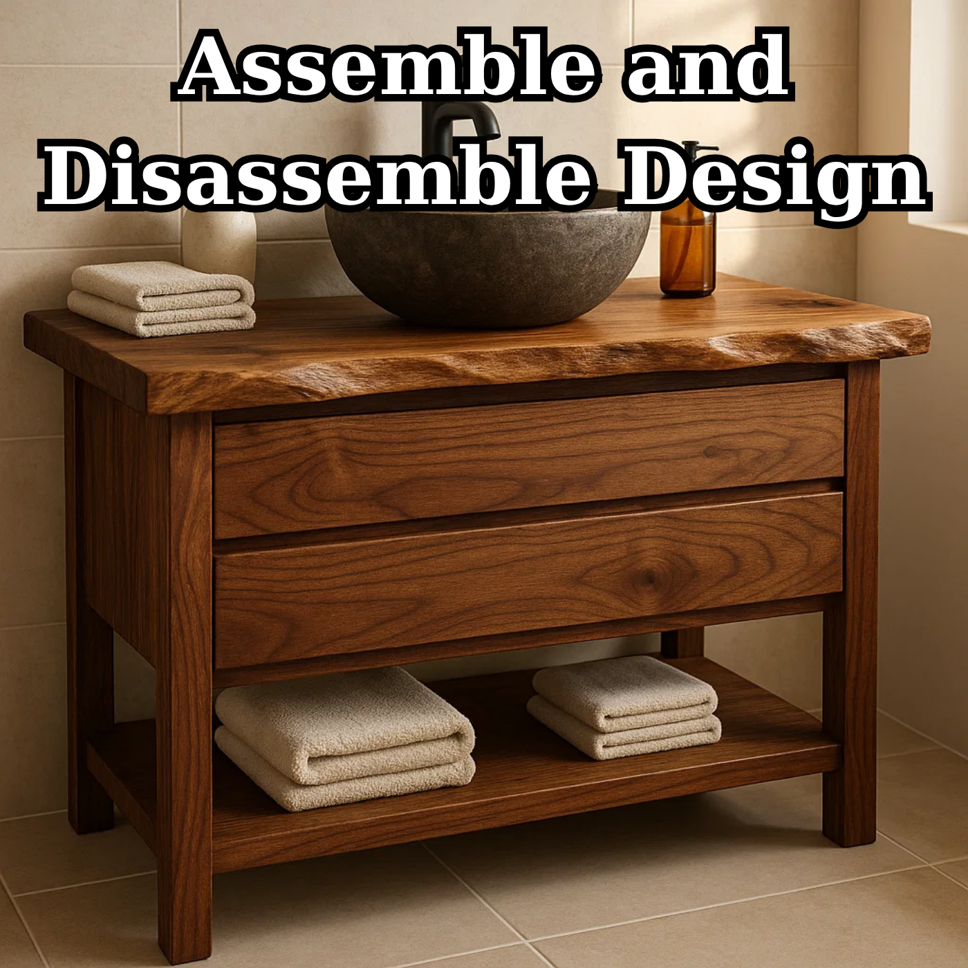 Live Edge Solid Wood Bathroom Vanity with Two Drawers and Open Bottom Shelf for Warm Modern Bathrooms