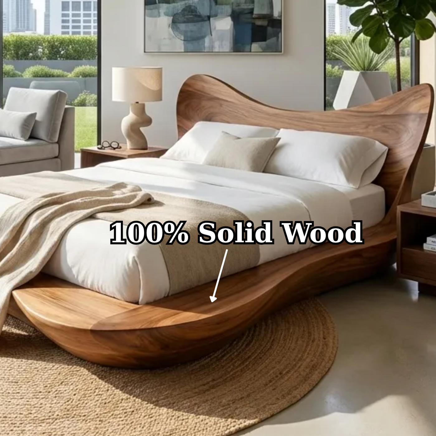 Handcrafted Solid Wood Sculptural Platform Bed, Organic Wavy Design Bed Frame