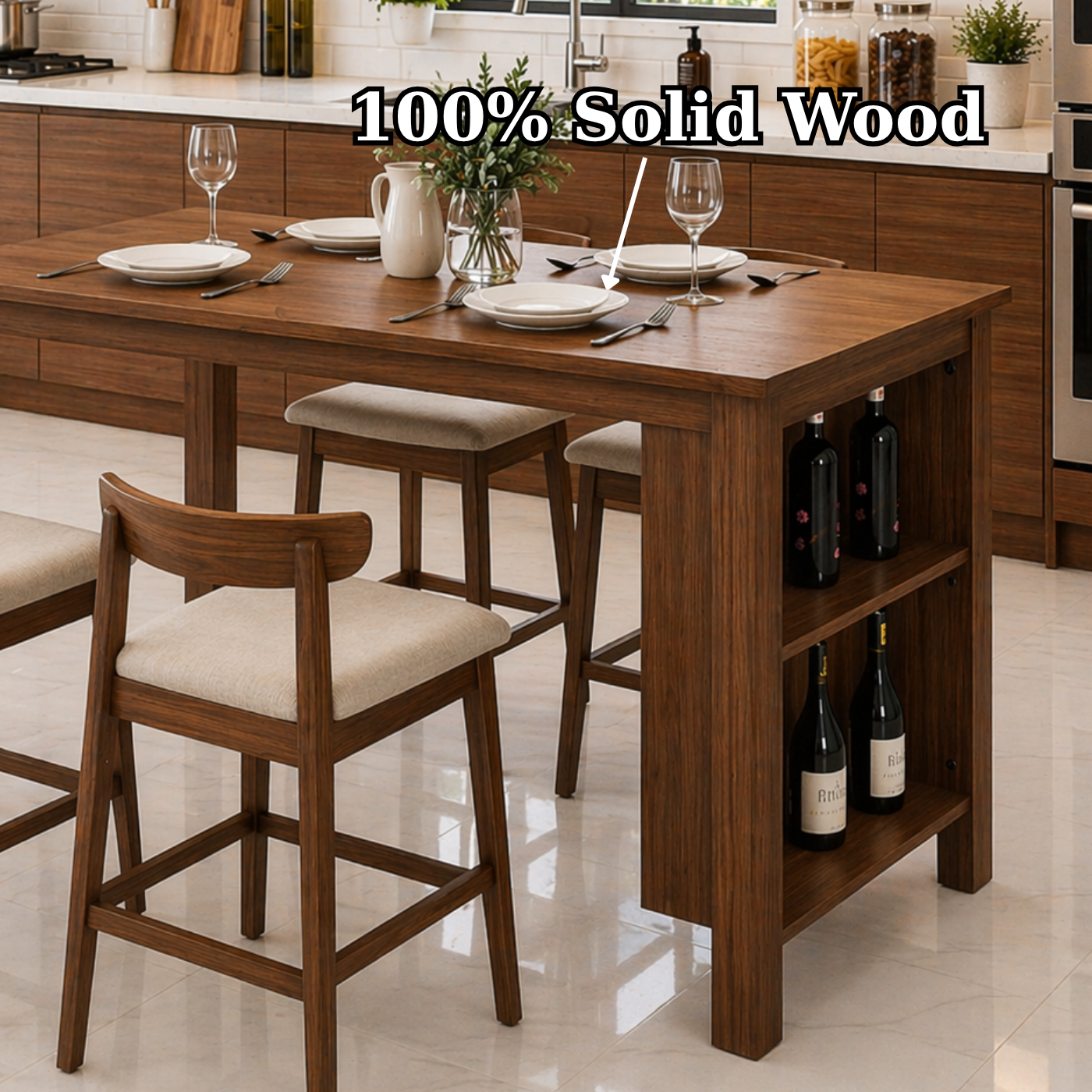 Solid Wood Kitchen Island Dining Table with Wine Rack – Oak Kitchen Table with Storage, Modern Minimalist Dining Island