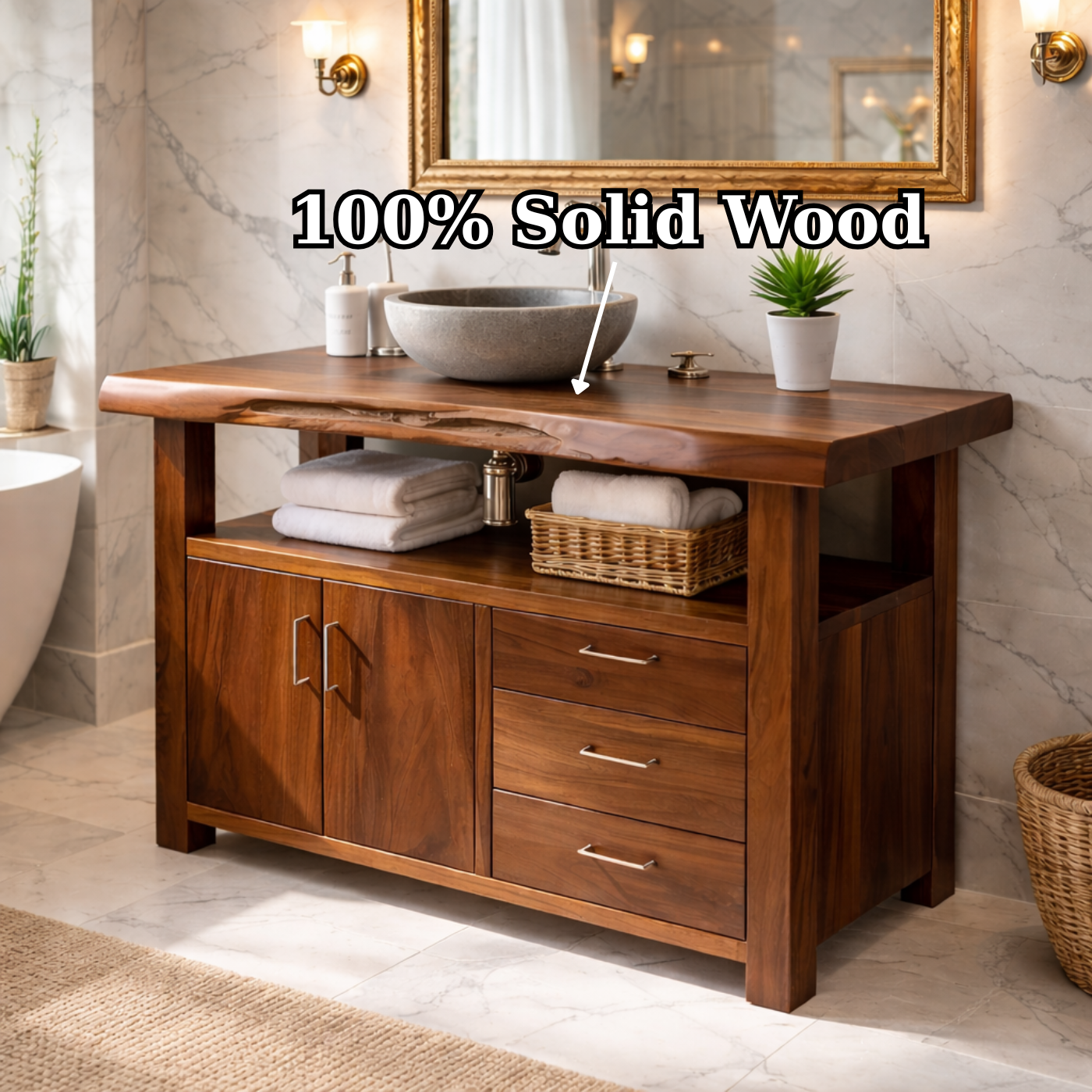 Live Edge Solid Wood Bathroom Vanity with Double Cabinet Doors, Three Drawers and Open Shelf