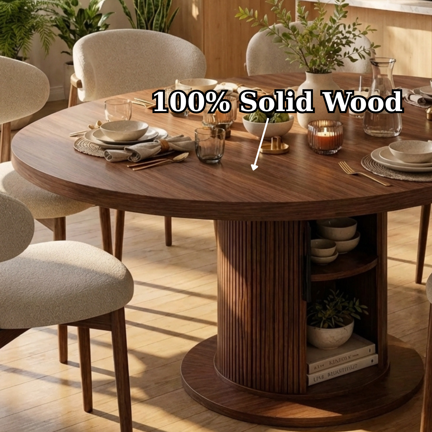 Round Solid Wood Dining Table – Walnut Pedestal Table with Storage Base