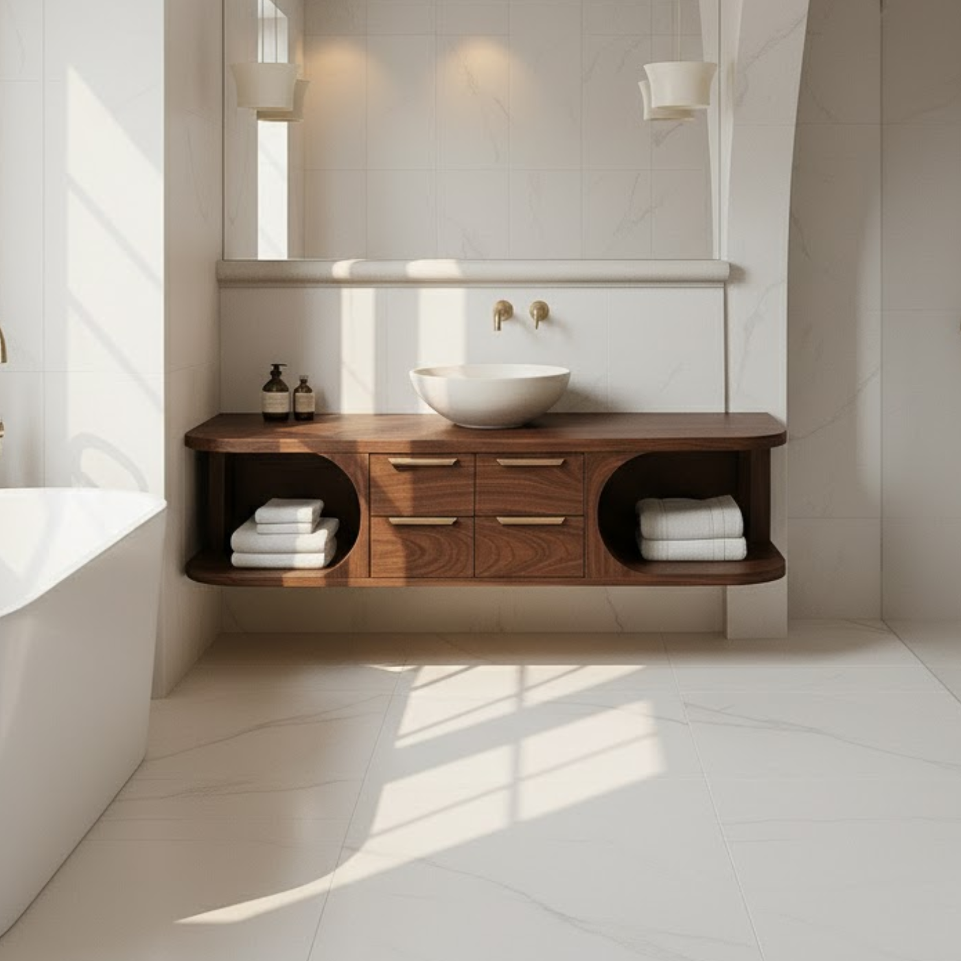 Floating Solid Wood Bathroom Vanity with Drawers and Open Shelves for Contemporary Bathrooms