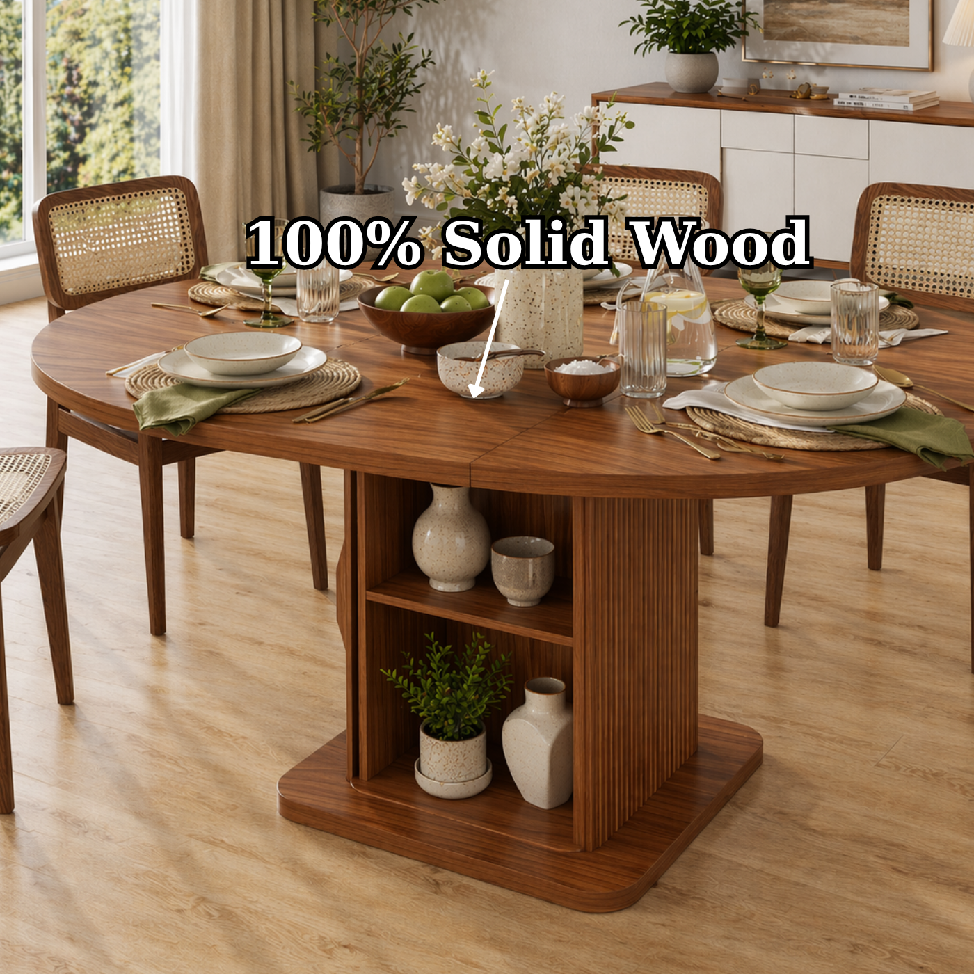 Extendable Round Solid Wood Dining Table – Walnut Pedestal Table with Storage Base