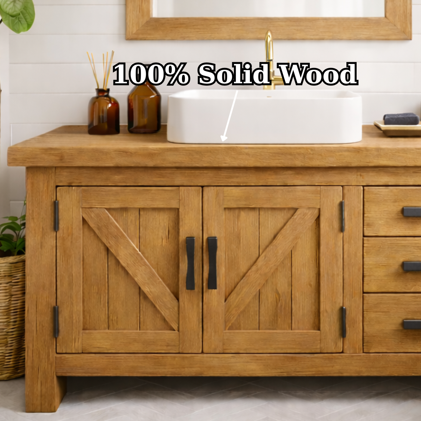 Rustic Farmhouse Solid Wood Bathroom Vanity with Double Barn Doors and Three Side Drawers