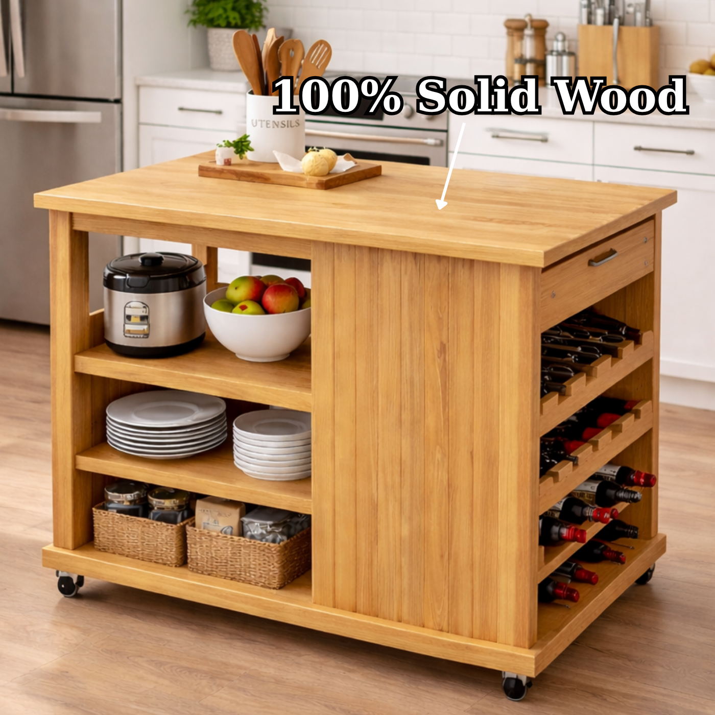 Solid Wood Kitchen Island Cart with Storage – Oak Prep Table with Wine Rack
