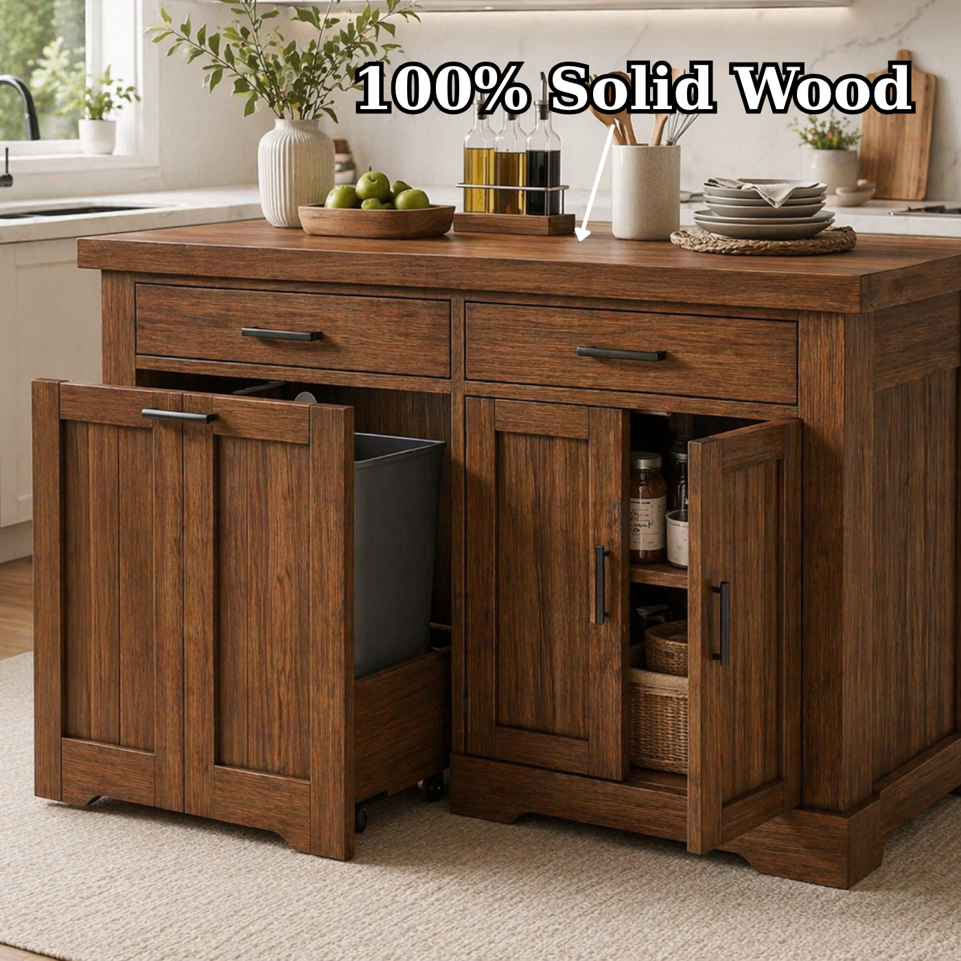 Solid Wood Kitchen Island with Trash Storage – Prep Table with Cabinets