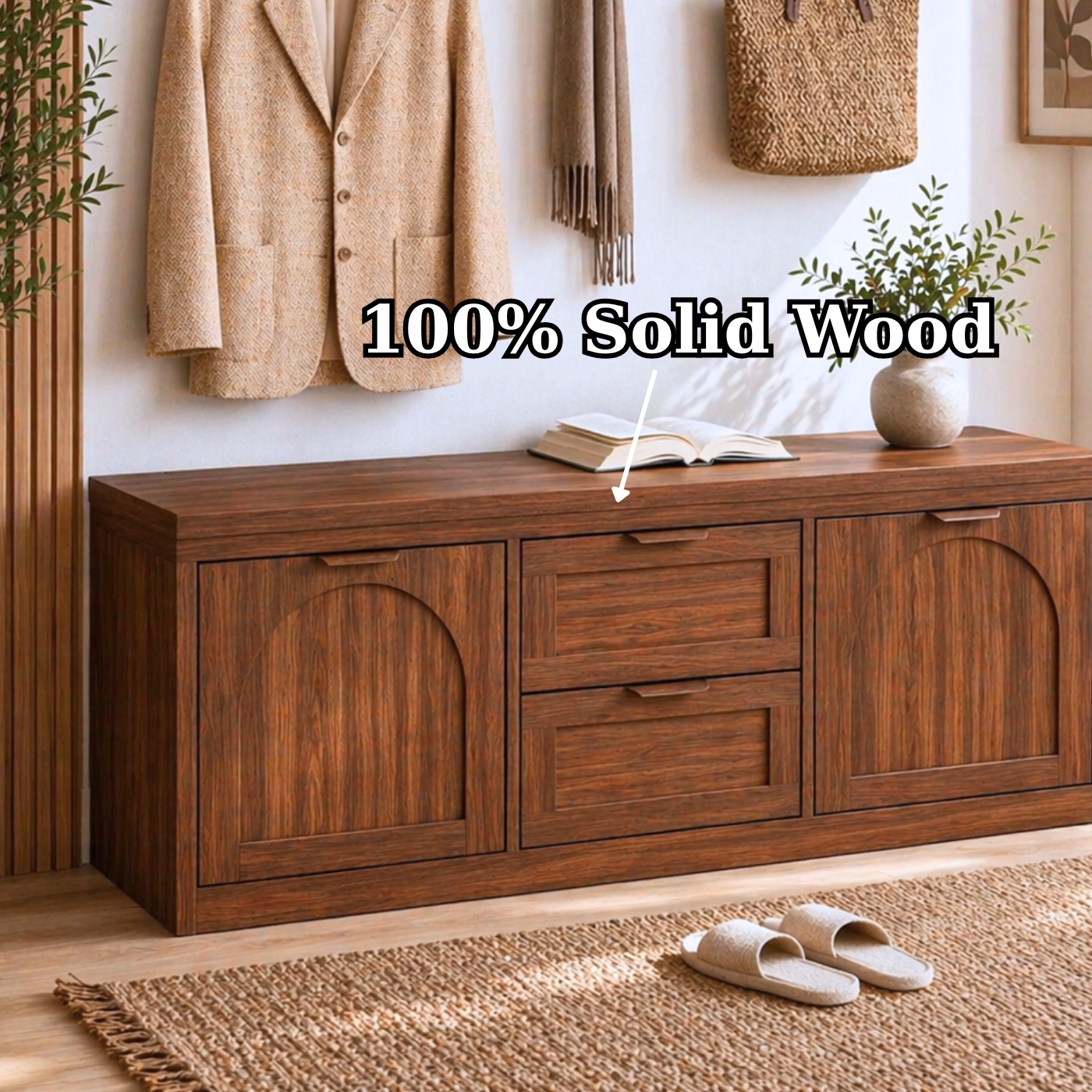 Solid Wood Entryway Bench with Storage Drawers – Shoe Cabinet with Arched Doors