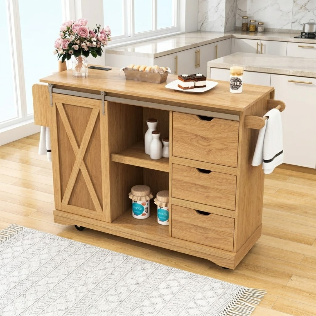 Rolling Kitchen Island with Drawers, Sliding Barn Door Storage Cart, Modern Prep Table for Kitchen