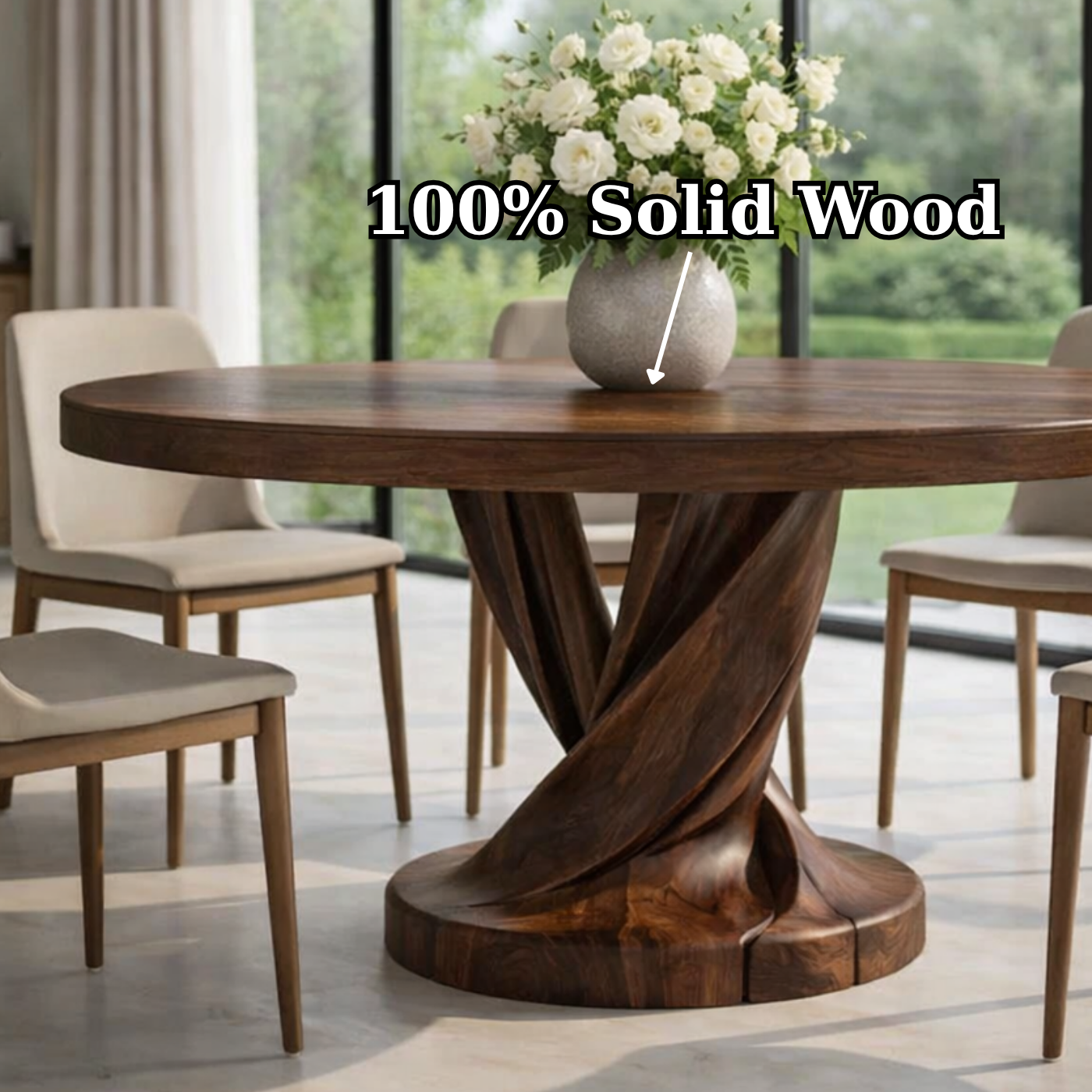 Round Solid Wood Dining Table with Sculptural Twisted Pedestal Base