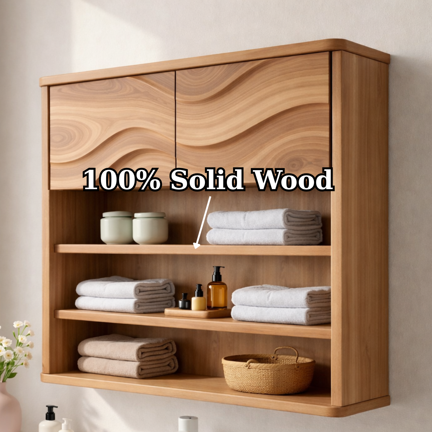 Solid Wood Bathroom Cabinet with Open Shelves & Wave Doors – Modern Wall Mounted Storage