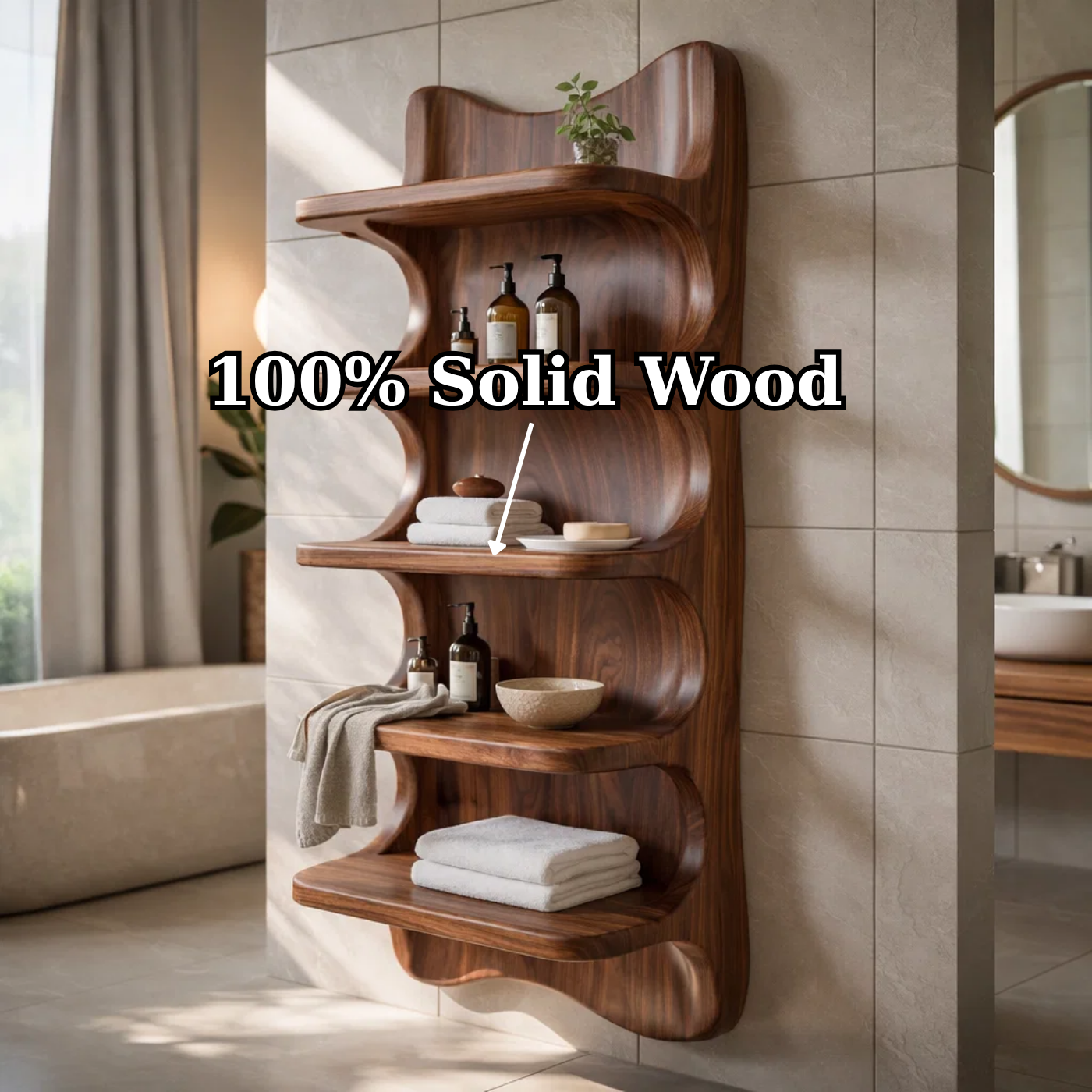 Solid Wood Wall Mounted Bathroom Shelf – Curved Storage Cabinet, Modern Floating Organizer