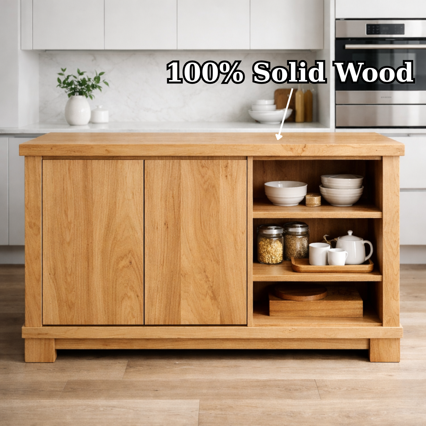 Solid Wood Kitchen Island with Doors & Open Shelf Storage