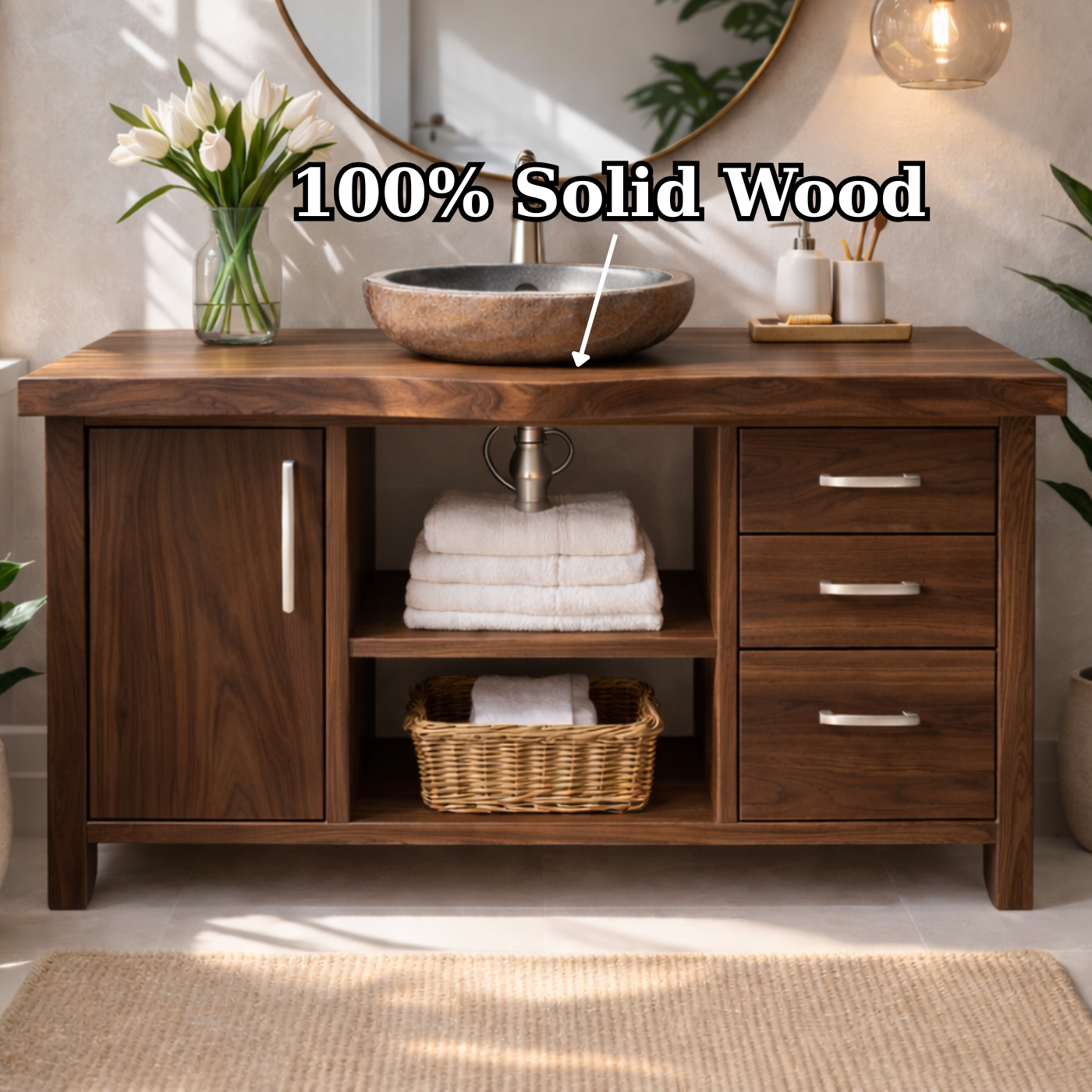 Modern Solid Wood Bathroom Vanity with Side Cabinet, Three Drawers and Open Display Shelving