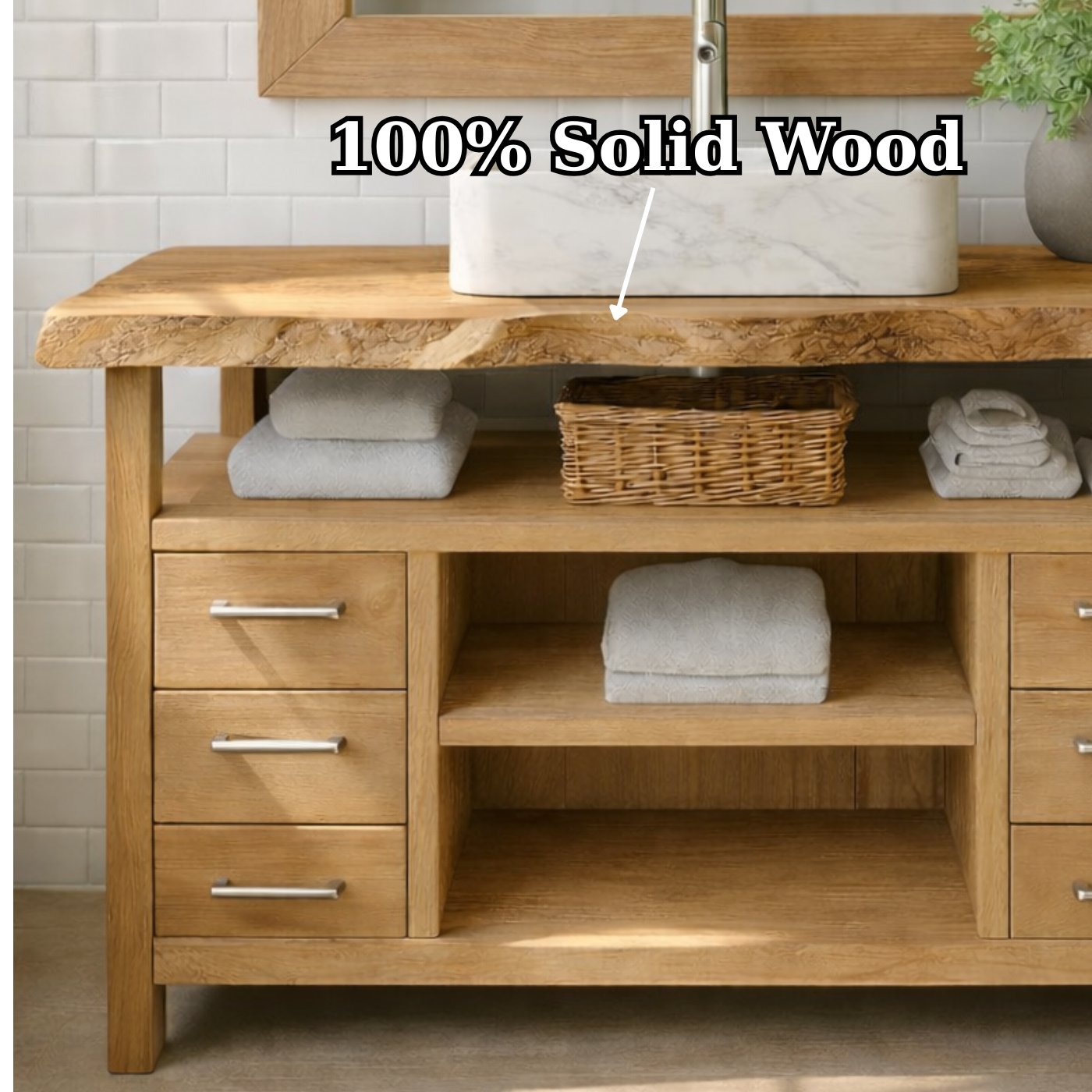 Solid Wood Bathroom Vanity with Six Drawers and Open Shelves – Freestanding Natural Wood Vanity Cabinet