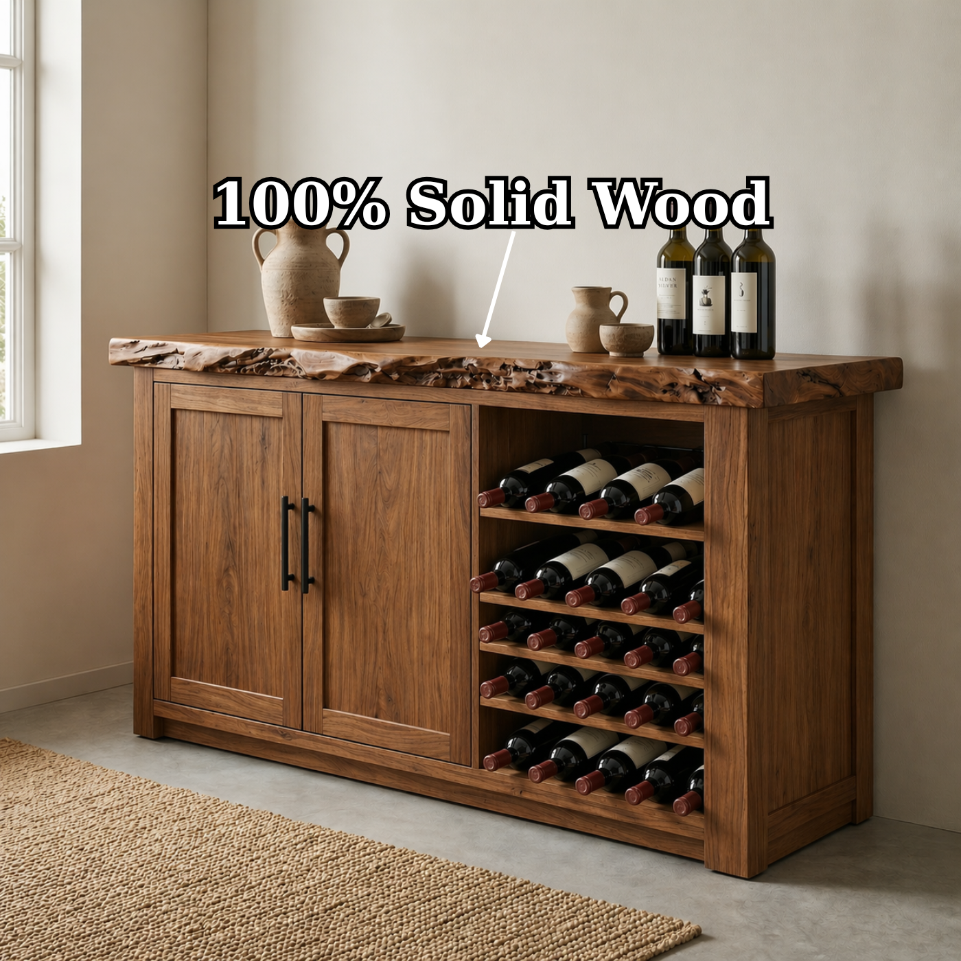 Solid Wood Wine Cabinet with Arched Top, Glass Holder and Bottle Storage