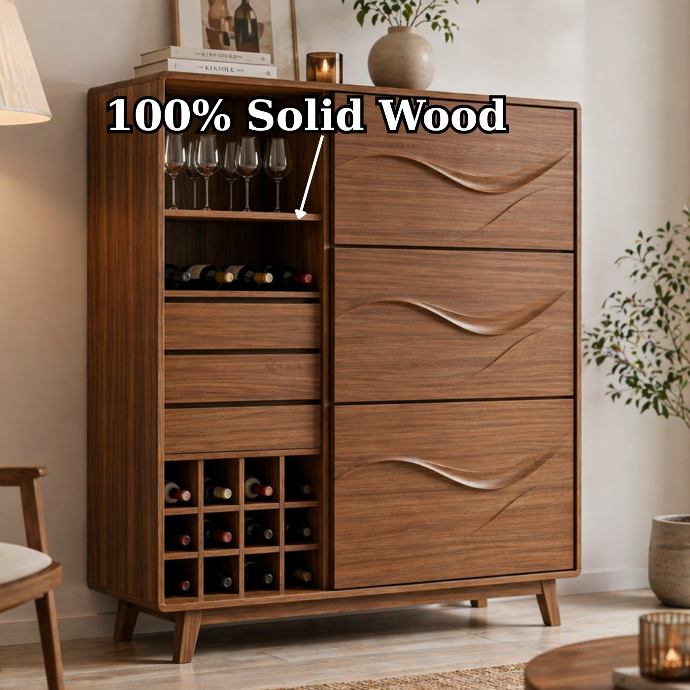 Solid Wood Wine Cabinet with Wave Carved Drawers and Bottle Storage